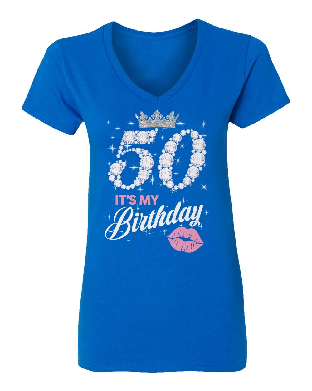 50th Birthday Kiss Queen V-Neck T-Shirt for Women - Royal Blue, Large Size | Perfect Birthday Gift & Celebration Outfit