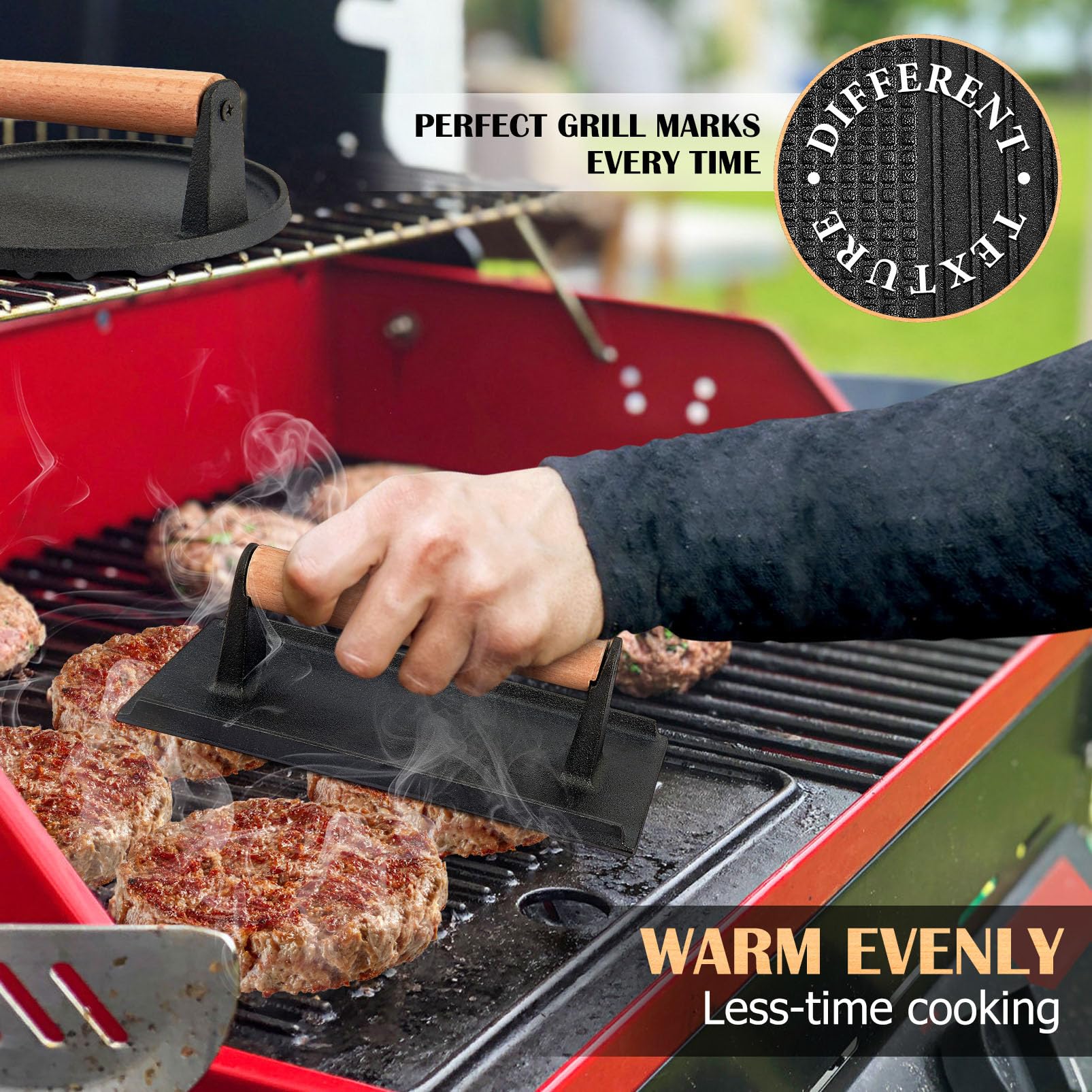 2Pcs Cast Iron Burger Press Set (Rectangular & Round) - Heavy Duty Smash Grill Press for Hamburgers, Steak & Bacon - Professional BBQ & Teppanyaki Cooking Accessories - Perfect for Grilling, Panini Press & Outdoor Cooking