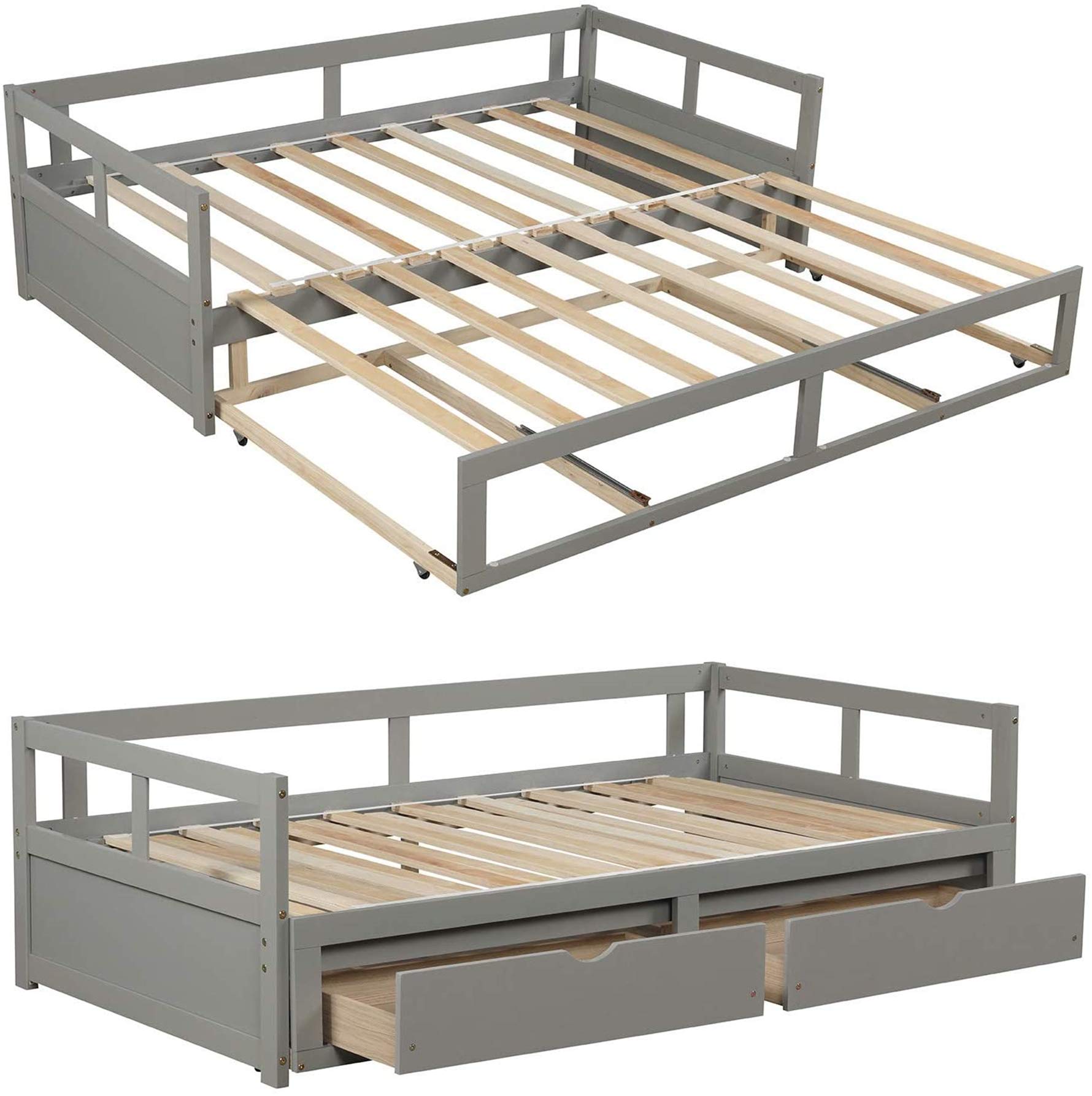 MERITLINE Extendable Daybed Frame with 2 Storage Drawers - Twin to King Size Convertible Wooden Sofa Bed for Bedroom & Living Room - Space-Saving Grey Furniture (Perfect for Guest Rooms, Small Apartments & Home Offices)
