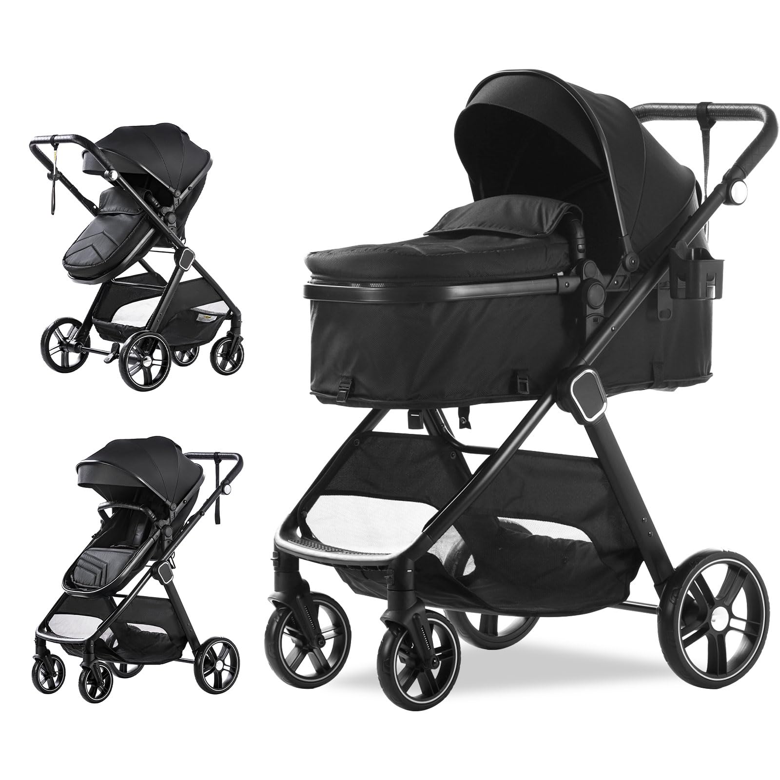 Trenana 2-in-1 Baby Stroller with Reversible Bassinet | Adjustable Backrest & Canopy | Foldable Aluminum Alloy Shock-Absorbing Stroller for Newborns (620-Black) - Perfect for Park Walks, Shopping Trips & Travel
