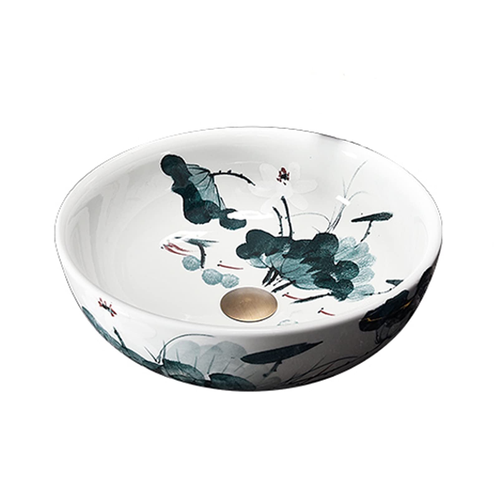 Blue and White Porcelain Ceramic Vessel Sink Bowl with Lotus Leaf Pattern - Round Bathroom Countertop Vanity Wash Basin (Includes Faucet & Drain Combo) - Perfect for Modern Bathrooms, Powder Rooms & Spa Retreats