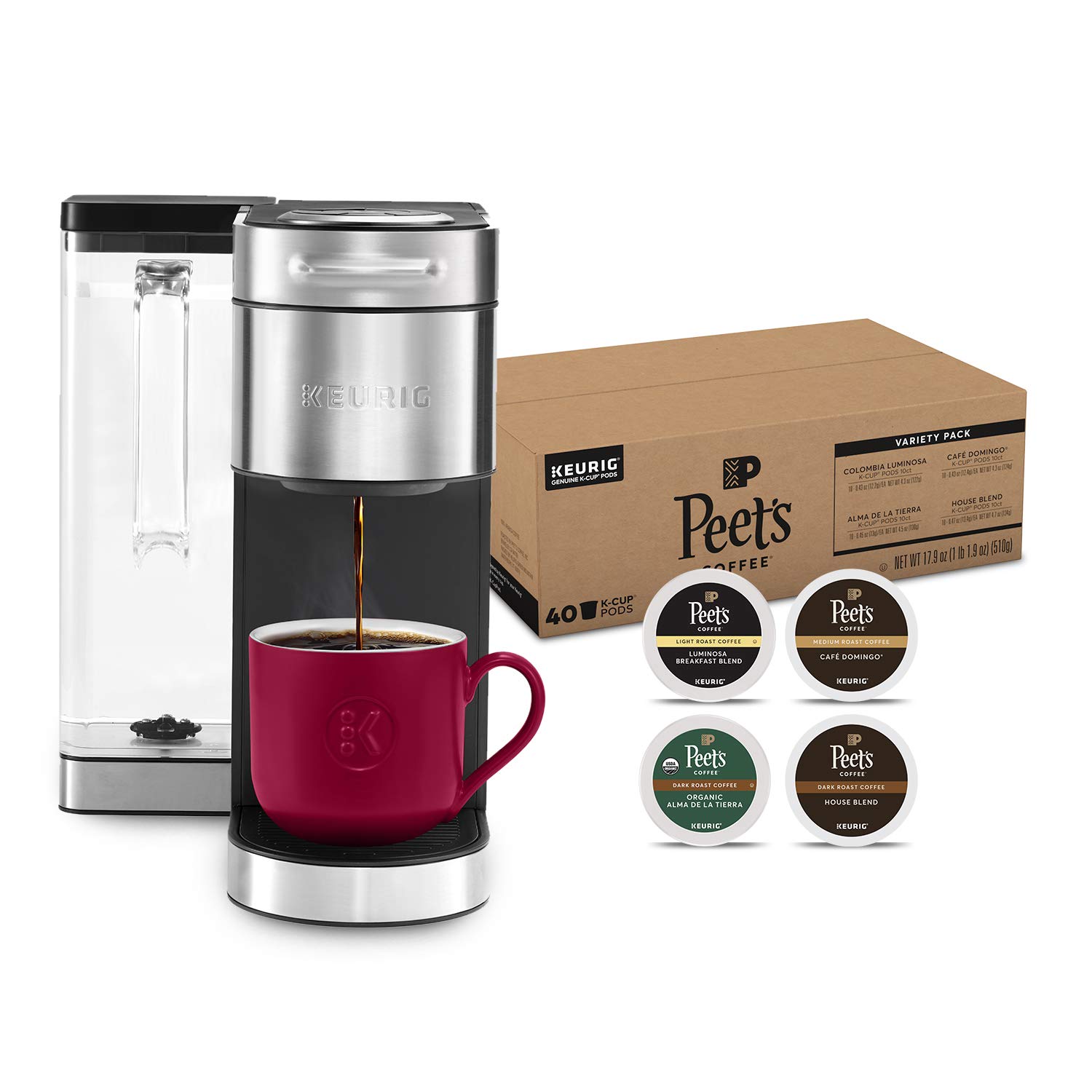 Keurig K-Supreme Plus Single Serve Coffee Maker with 40-Count Peet's Coffee Variety Pack (Dark, Medium & Light Roast K-Cup Pods) - Perfect for Home, Office & Kitchen Use