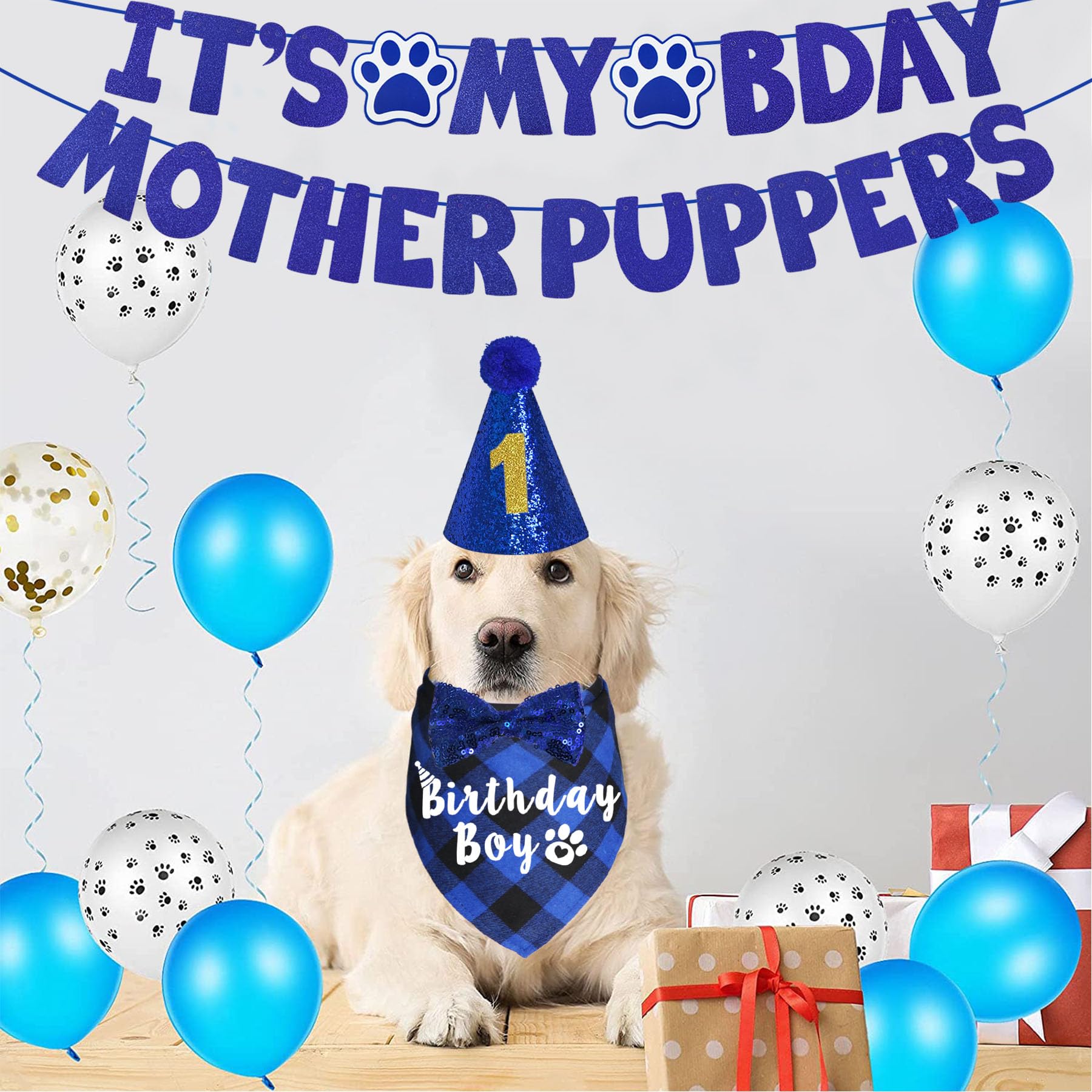 **Blue XL Dog Birthday Bandana, Hat & Bow Tie Set - 