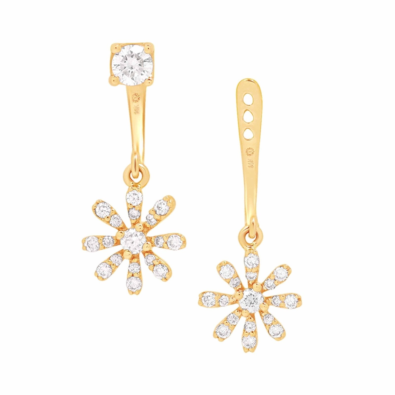 14K Yellow Gold Diamond Flower Ear Jacket and Stud Set - Elegant Dangle Earrings for Women, Perfect for Weddings, Parties & Special Occasions