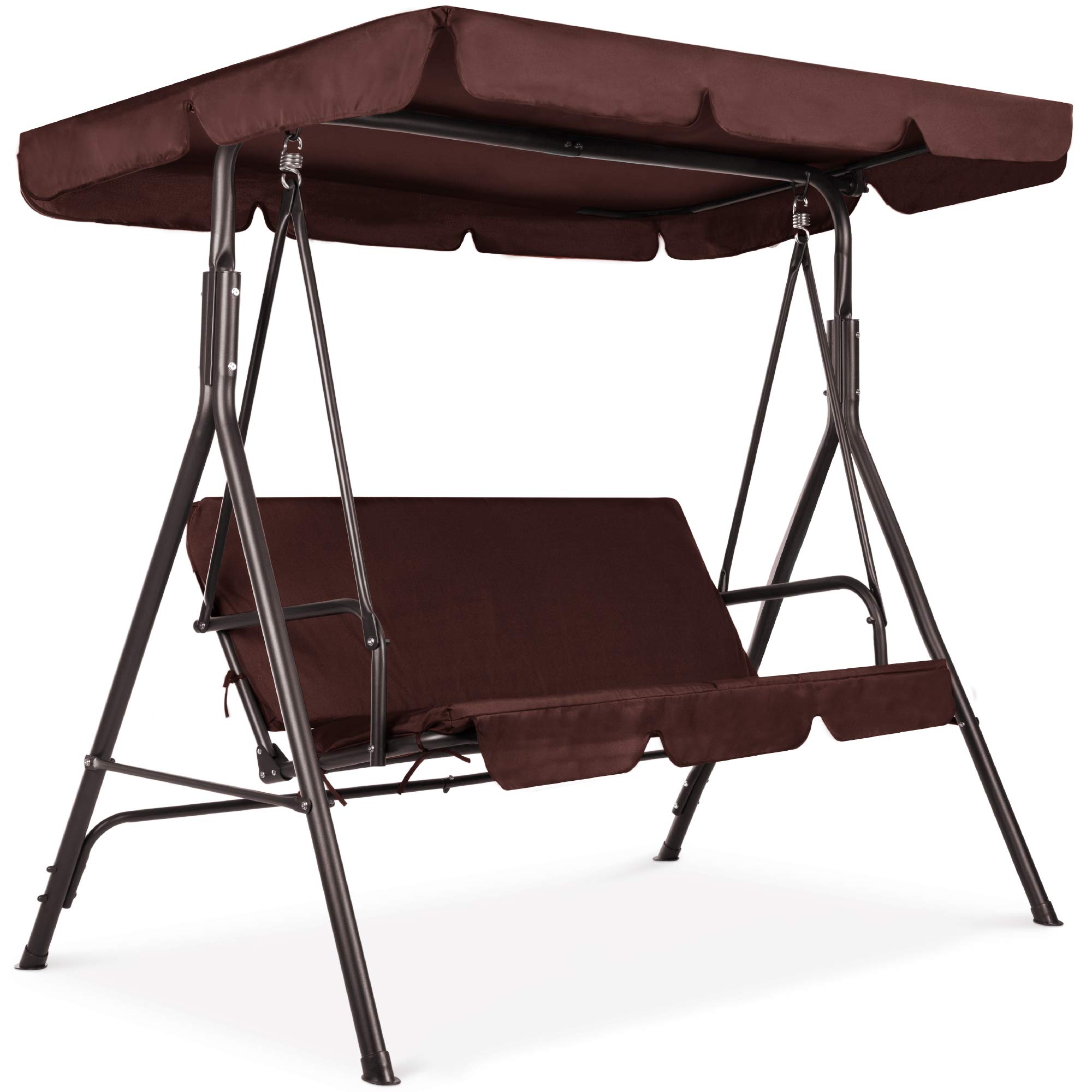 Best Choice Products 3-Person Outdoor Patio Swing Chair with Convertible Canopy - Hanging Glider Porch Bench for Garden, Backyard, Poolside - Adjustable Shade & Removable Cushions - Brown - Perfect for Relaxing, Lounging and Outdoor Entertaining