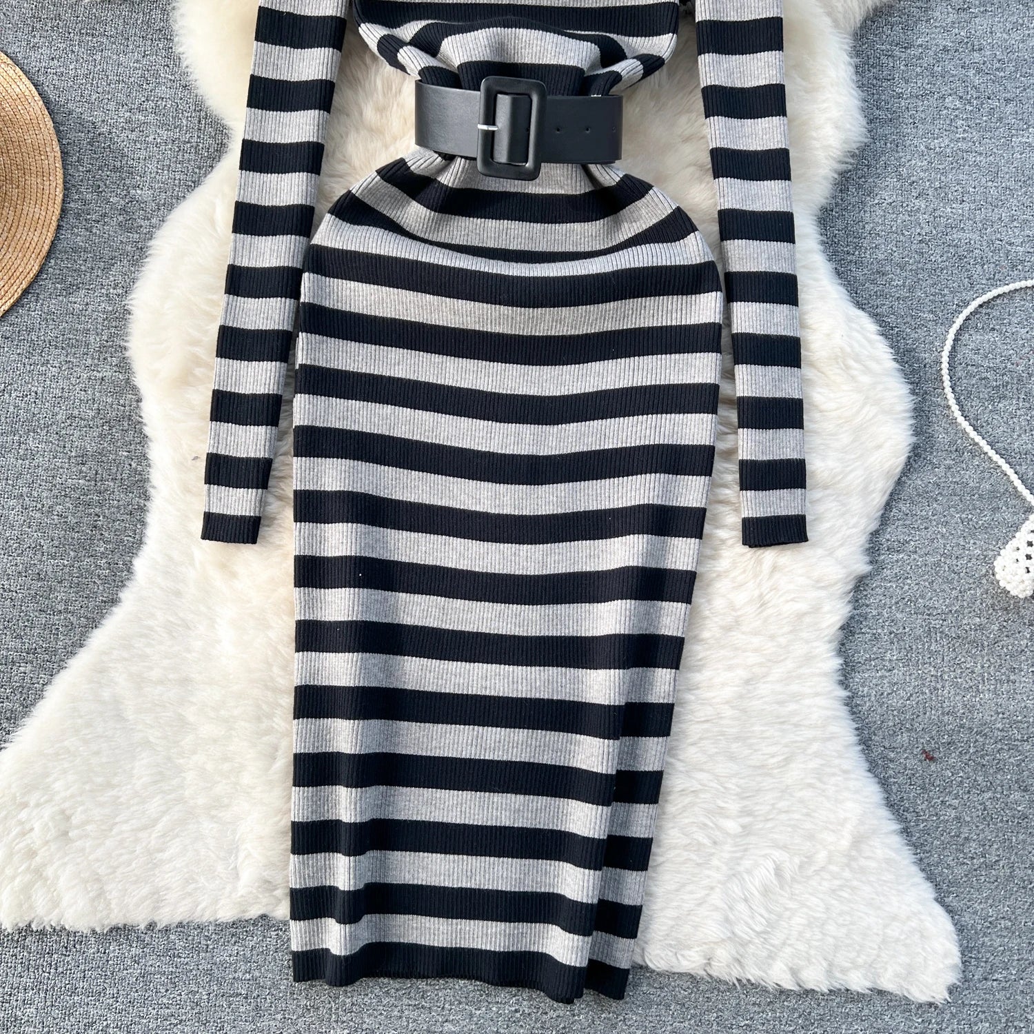 Women's French Style Autumn Winter Patchwork Stripe Knit Long Dress - Medium Length High Neck Warm Loose Slim Sweater Dress for Casual Outings & Holiday Parties