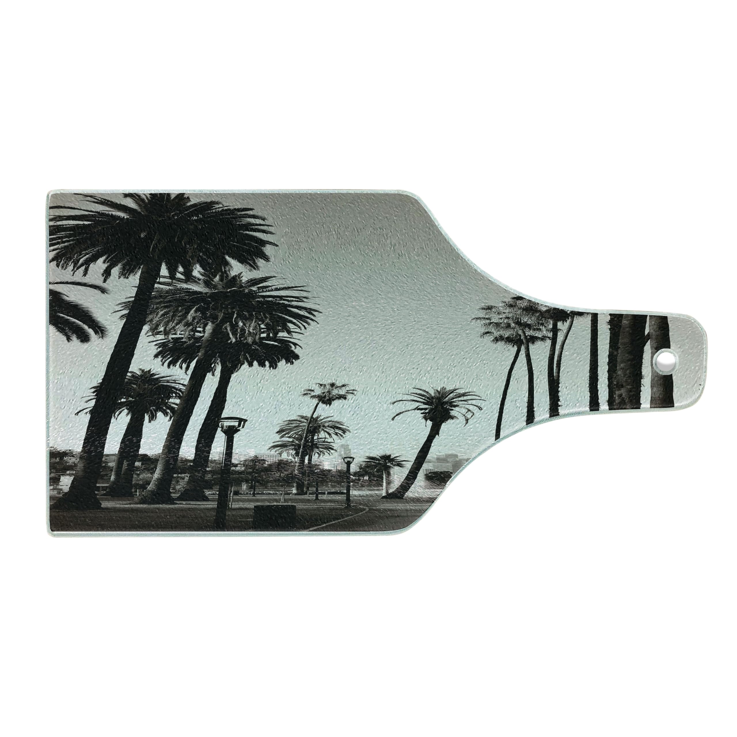 Ambesonne Tempered Glass Cutting Board - Wine Bottle Shape with Palm Tree & Los Angeles Downtown Park Design - Dark Brown & White - Perfect for Serving Cheese, Charcuterie & Wine Pairings at Parties & Gatherings