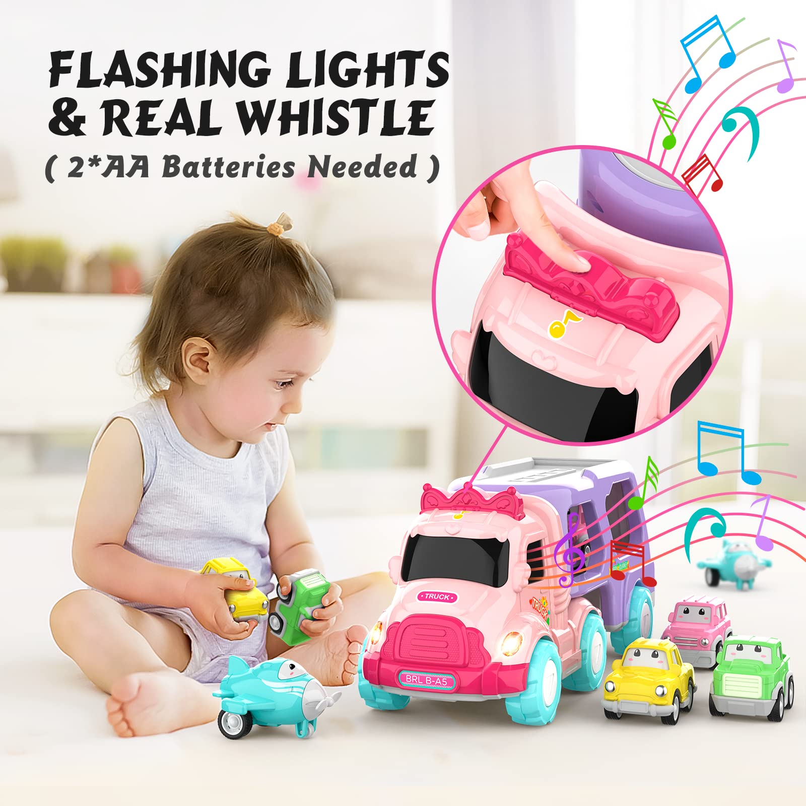 1-3 Year Old Girl's 5-in-1 Friction Truck Toy with Lights & Sounds - Birthday Gift for Toddlers - Indoor & Outdoor Play