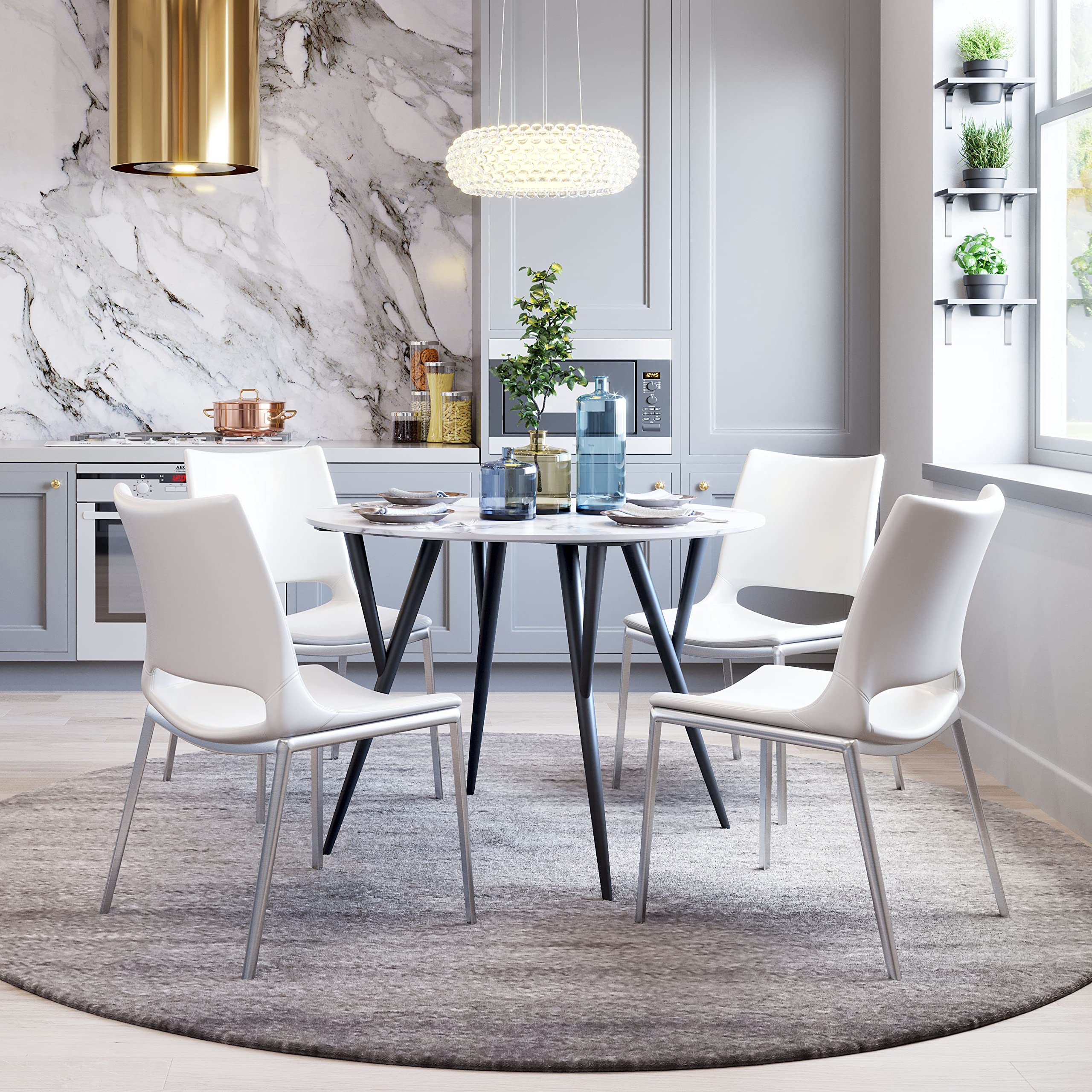 Ace Modern Dining Chairs (Set of 2) - White & Silver Metal Frame - Comfortable Kitchen Chairs for Dining Room, Breakfast Nook, or Small Space