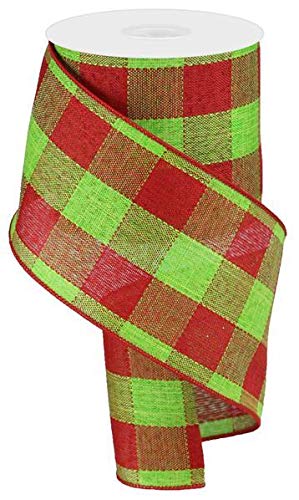Check Wired Edge Ribbon 10yds - Lime & Red 4