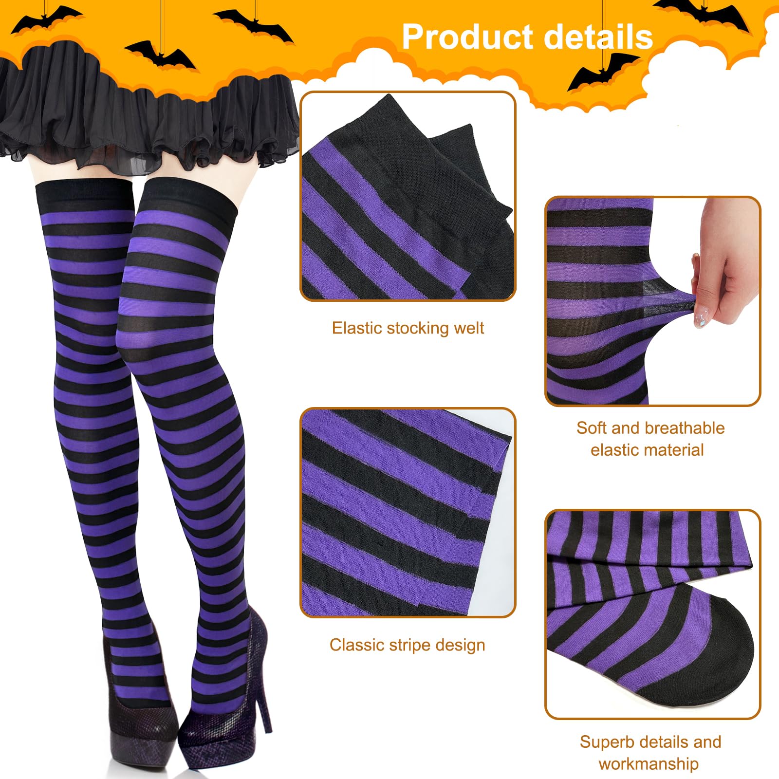 Apragaz 3 Pairs Women's Thigh High Socks - Striped Over The Knee Long Socks for Halloween, Cosplay & Party Outfits (Black, White, Orange, Purple) | Perfect for Witch Costumes, Christmas Stockings & Winter Fashion