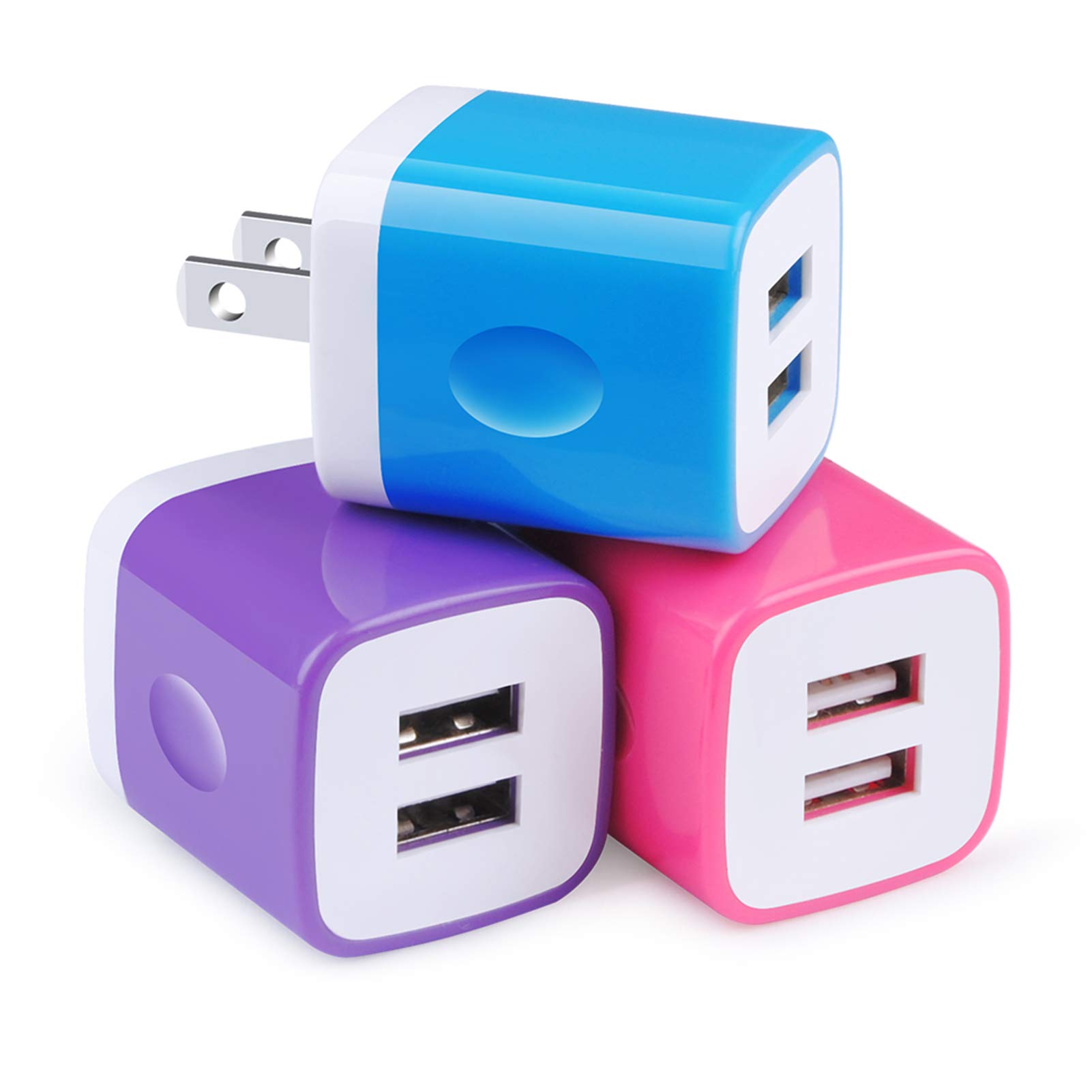 3-Pack 2.1A Dual Port USB Wall Charger Fast Charging Block for iPhone 14/13/12/11/X/8/7, Samsung Galaxy, Android Phones - Compact Travel Charger for Home, Office & Car Use