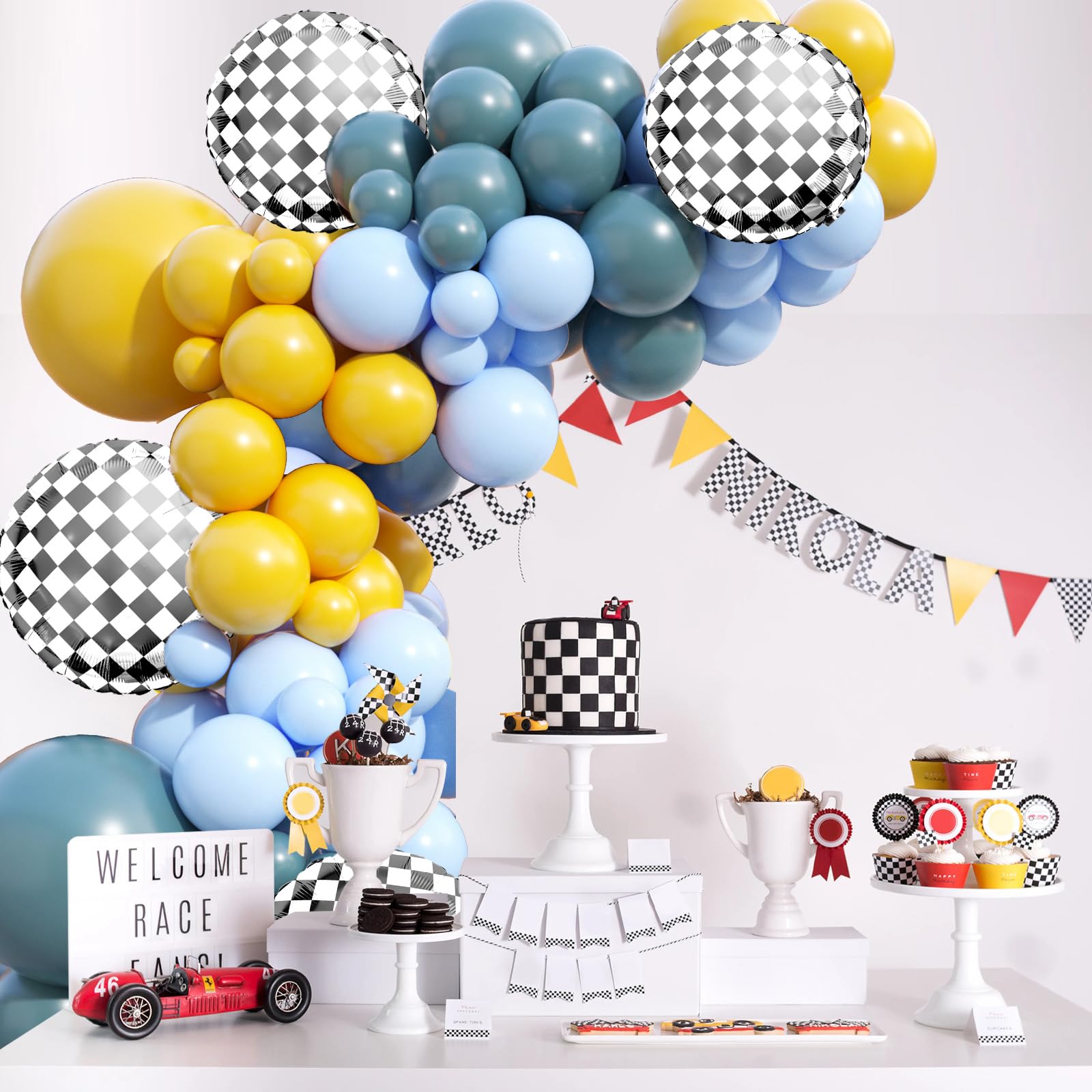 Race Car Balloons Garland Arch Kit - Retro Yellow & Blue Checkered Balloons for Kids Racing Theme Party, Baby Shower, Birthday Decorations | Perfect for Boys' Race Car Birthday Parties, Baby Showers & Themed Events