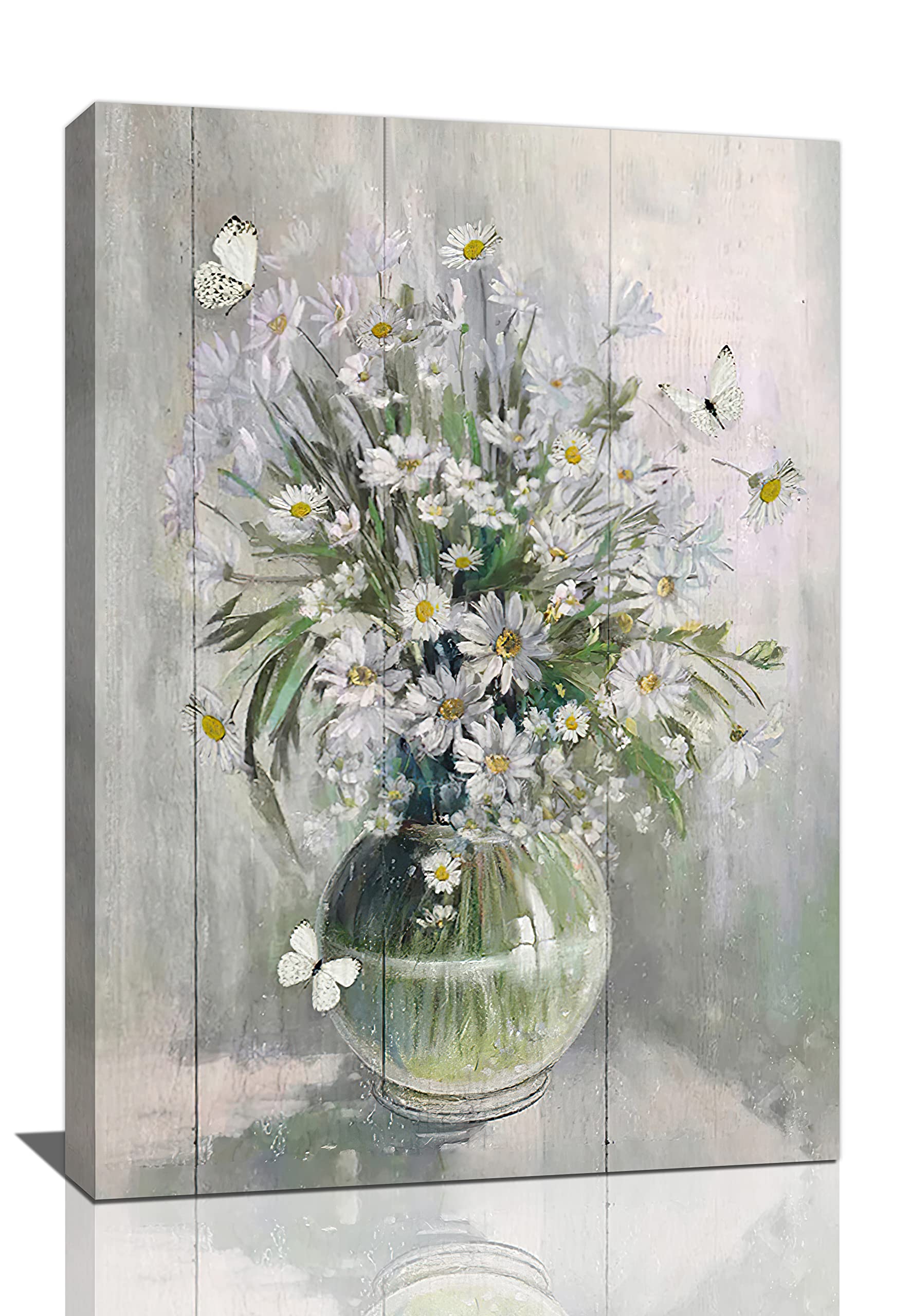 Farmhouse Floral Canvas Wall Art - Rustic Daisy Flower Painting for Bathroom & Bedroom Decor - 16x24 Inch Modern Country Style Home Decoration | Perfect for Farmhouse, Cottage & Vintage Style Interiors