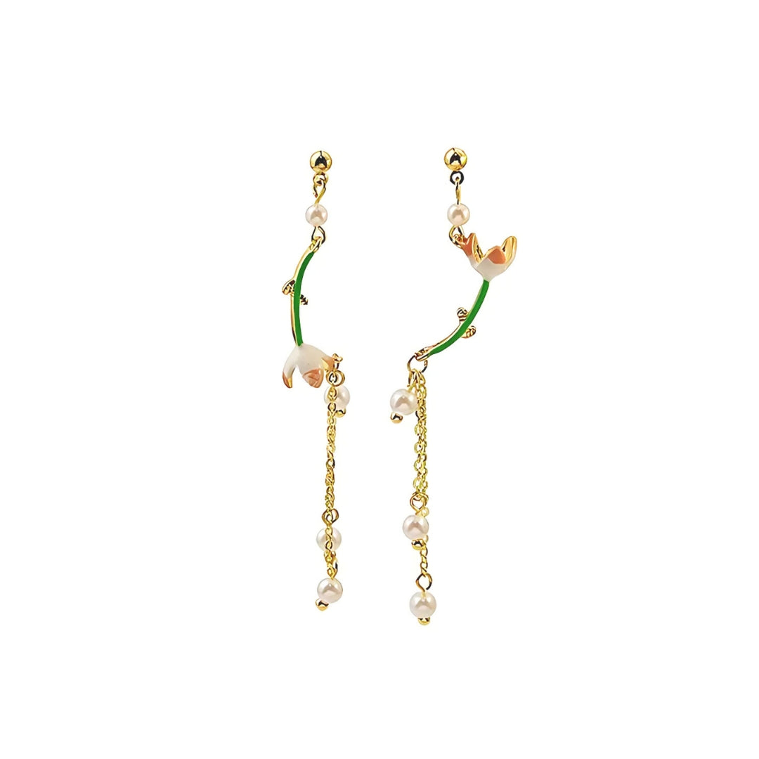 Tulip Pearl Flower Mismatch Chandelier Earrings for Women | HE8862 | Elegant Bohemian Jewelry for Party, Wedding & Special Occasions
