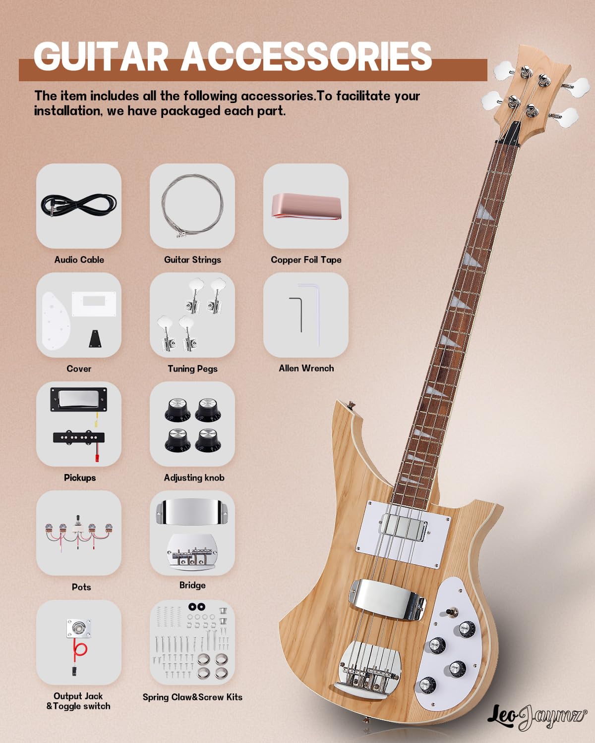 Leo Jaymz DIY Electric Bass Guitar Kit - Roasted Ash Body, Maple Neck & Laurel Fingerboard - All Parts Included - Perfect for Beginners, Home Studio & DIY Music Projects