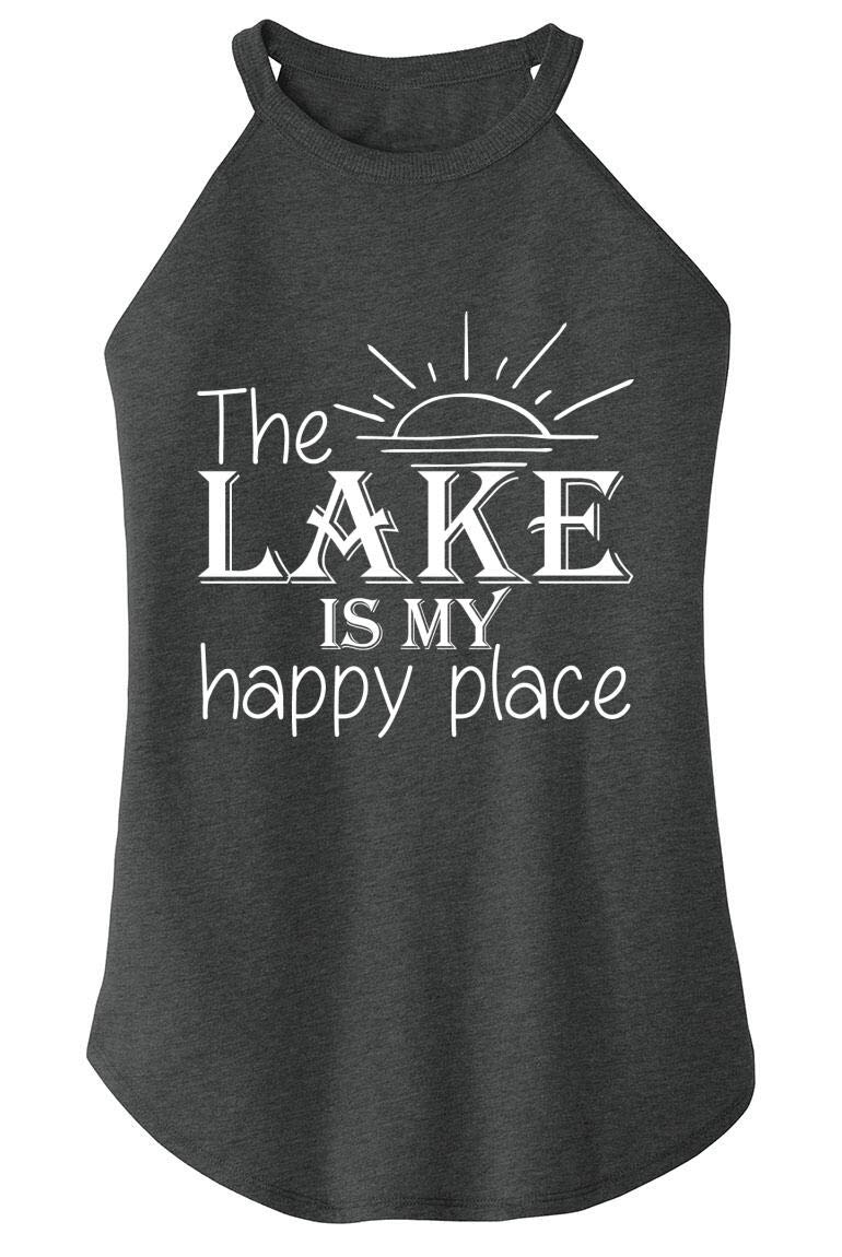 Funny Women's Graphic Tee - The Lake is My Happy Place Rocker Shirt | Casual Summer Vacation Outfit for Beach, Camping & Outdoor Activities