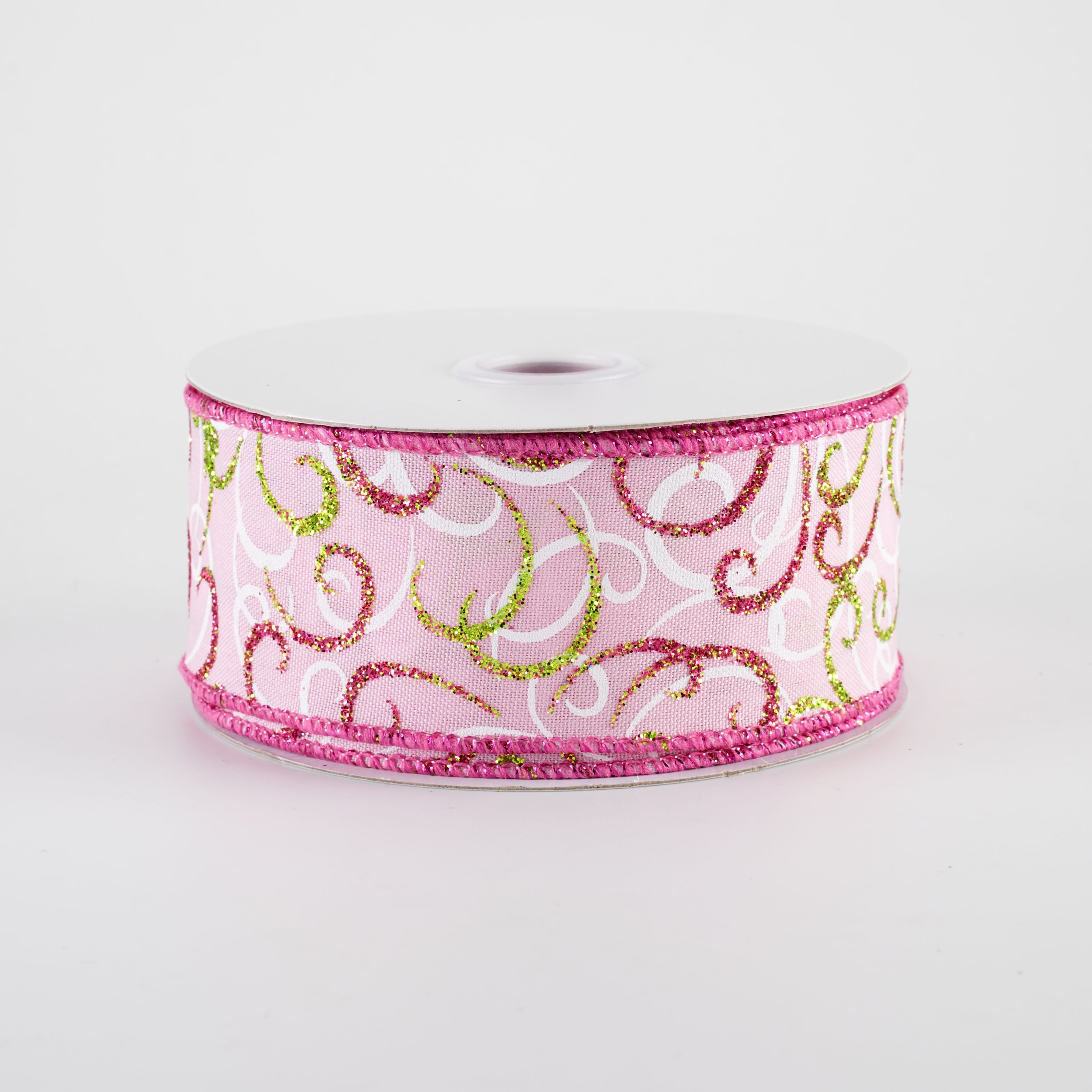 1.5 Inch Glittered Multi Swirls Ribbon - Fuchsia, White & Lime on Pink (10 Yards) - Perfect for Gift Wrapping, DIY Crafts, Party Decorations and Scrapbooking