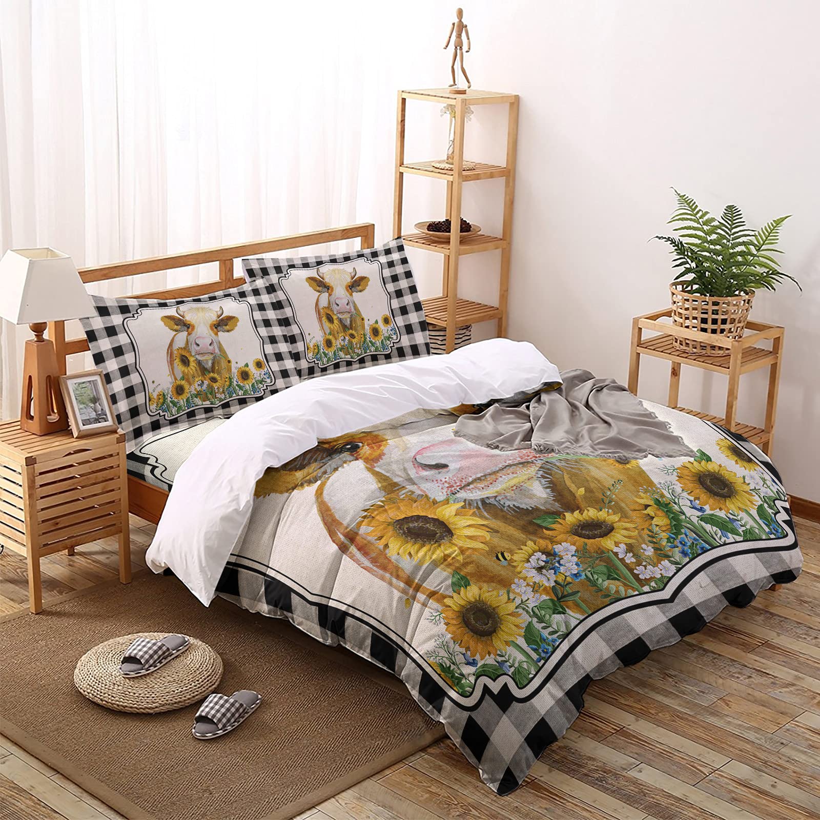 4-Piece Funny Cow and Farm Sunflower Black Plaid Duvet Cover Set - USA Country Style King Size Cotton Linen Bedding - Ultra Soft Comforter Cover with Zipper Closure & Corner Ties - Perfect for Farmhouse, Rustic, or Country-Themed Bedrooms