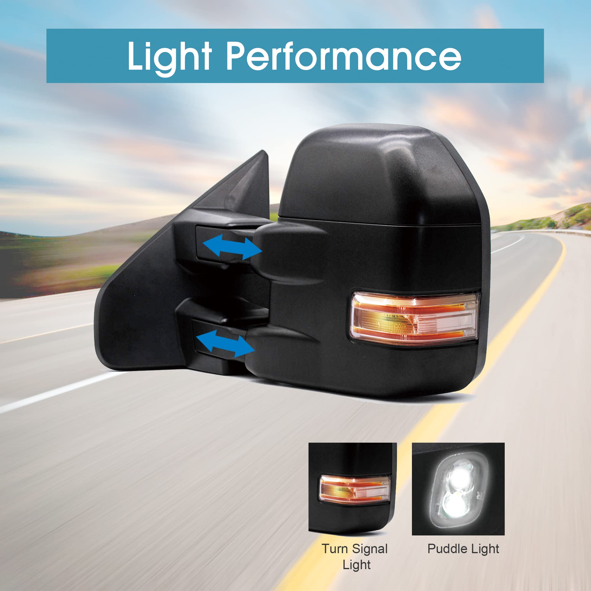 BOOLEE Power Heated Towing Mirrors with LED Turn Signal & Puddle Lights - Manual Folding Black Housing - Compatible with 2004-2014 Ford F150 Pickup Truck (Driver & Passenger Side) - Perfect for Towing, Off-Roading & Night Driving