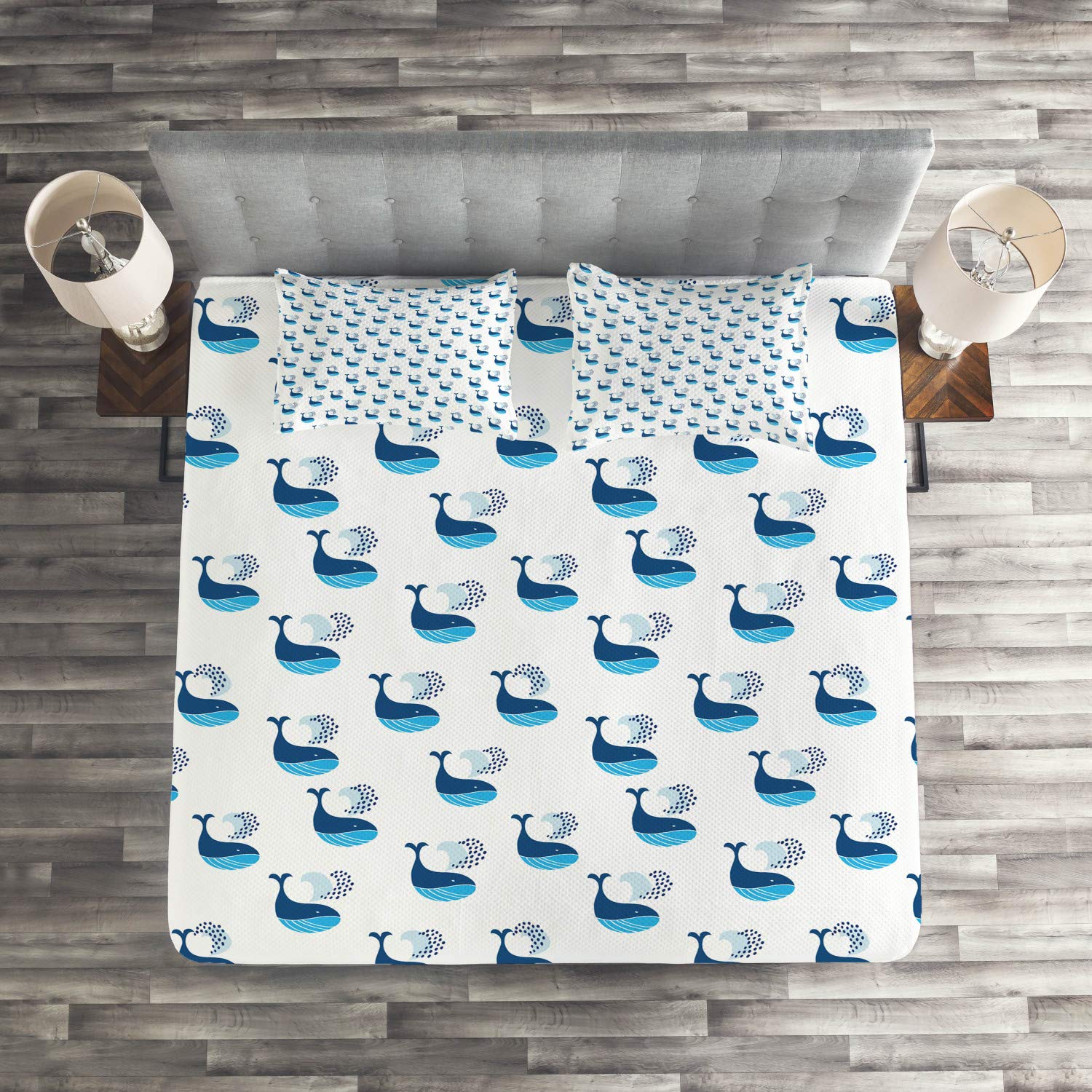 Ambesonne Modern King Size 3-Piece Quilted Bedspread Set with 2 Pillow Shams - Whale & Ocean Marine Underwater Design in Dark Sky Blue | Luxury Bedroom Decor for Coastal & Nautical Theme Rooms