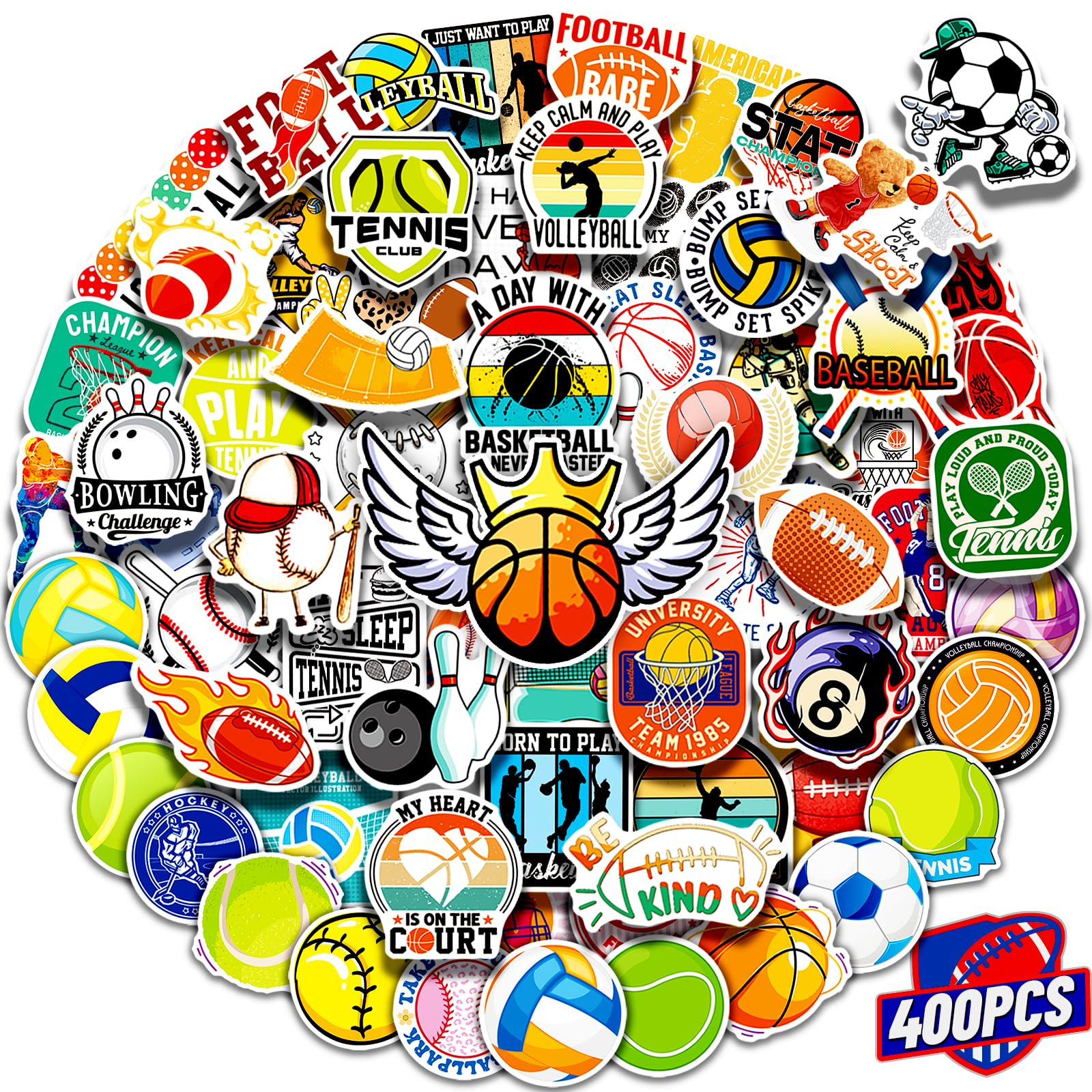 400 Sports Stickers for Water Bottles & Gear - Cool Soccer, Baseball, Basketball, Volleyball Decals for Kids, Teens & Sports Fans - Perfect for Boys' Sport Parties, Gifts & DIY Projects
