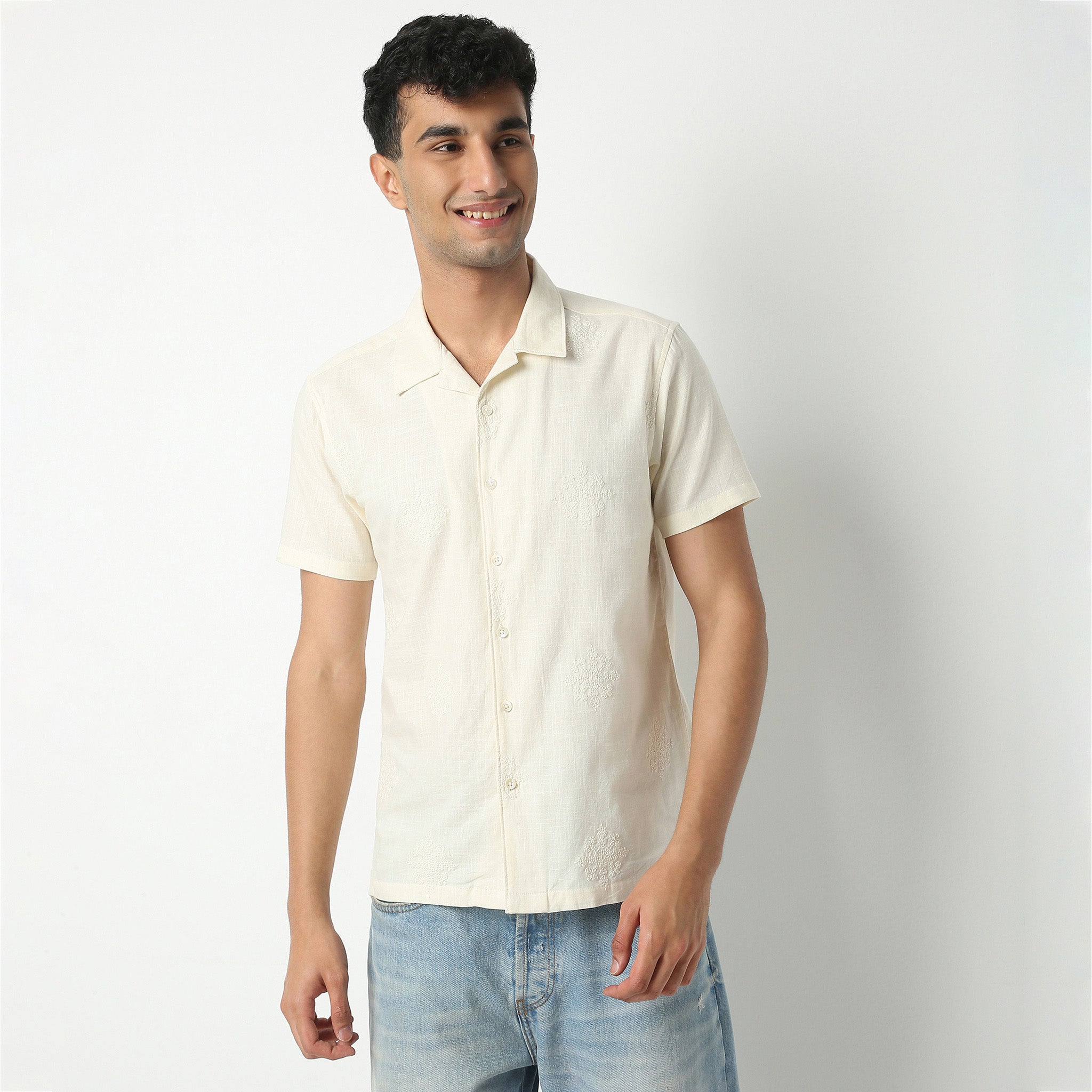 Stylish Camp Collar Half Sleeve Cuban Embroidered Shirt - Relaxed Fit Men's Casual Shirt for Summer Beach Vacation & Tropical Getaways