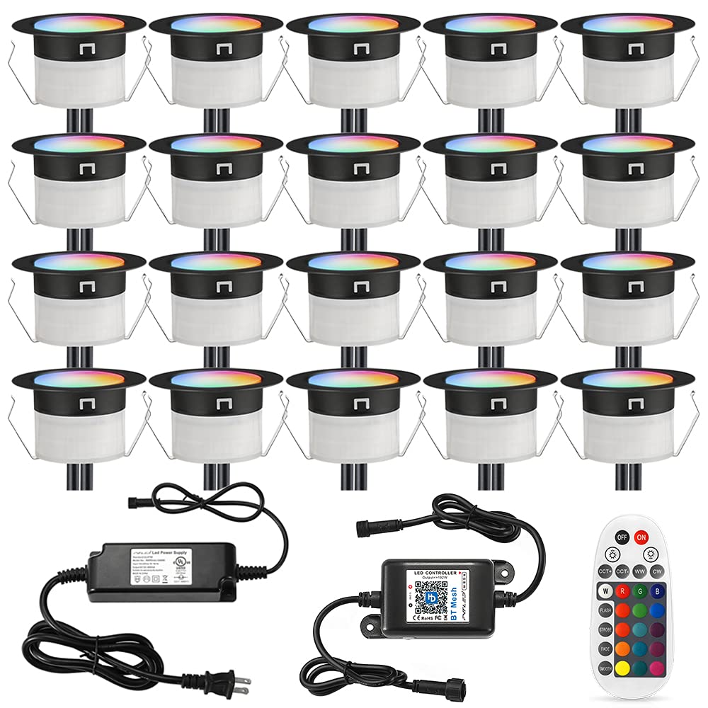 Sumaote 20pcs Low Voltage RGBW Deck Lights Kit - Bluetooth Controlled Recessed Step Lighting with Warm White & 16 Million Colors - Waterproof Outdoor Landscape Lighting for Stairs, Yard, Pathway, Garden Decor (Black) | Perfect for Patio, Poolside, and Driveway Ambiance