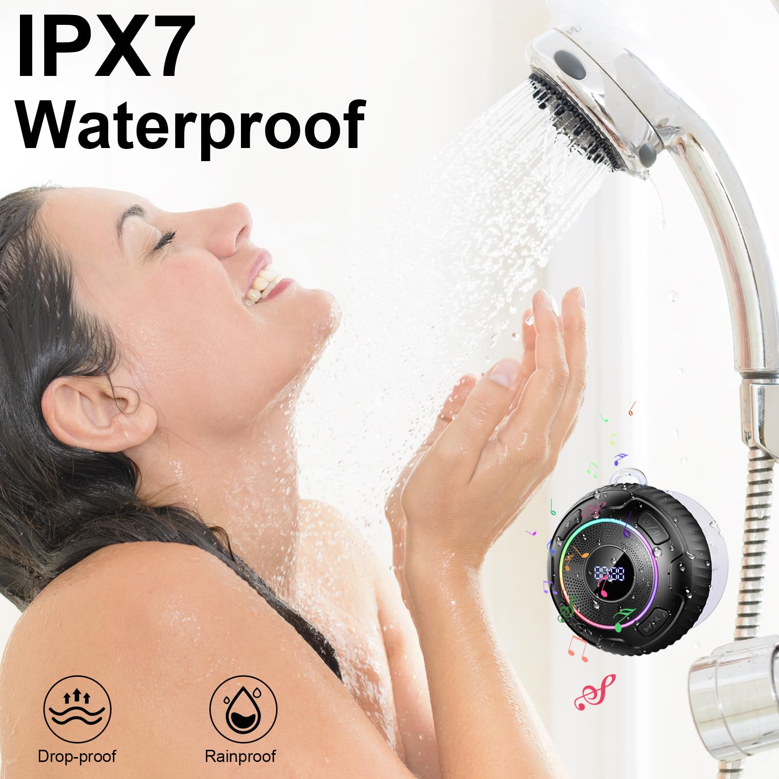 2024 Bluetooth Shower Speaker with LED Lights - IPX7 Waterproof Wireless Speaker, Bluetooth 5.3 Portable Speaker with 360° HD Sound, Suction Cup & Hands-Free Mic - Perfect for Bathroom, Pool, Beach & Outdoor Activities
