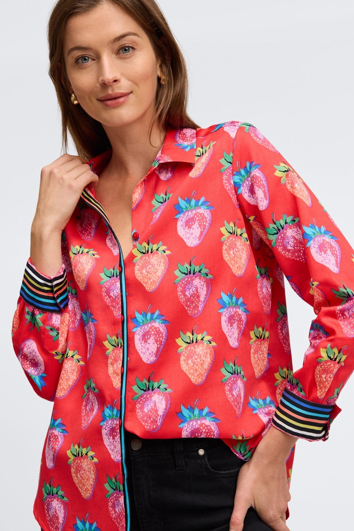 Charlie Strawberry Delight Long Sleeve Shirt for Women - Soft Cotton Casual Tops - Perfect for Spring Outfits & Weekend Brunch
