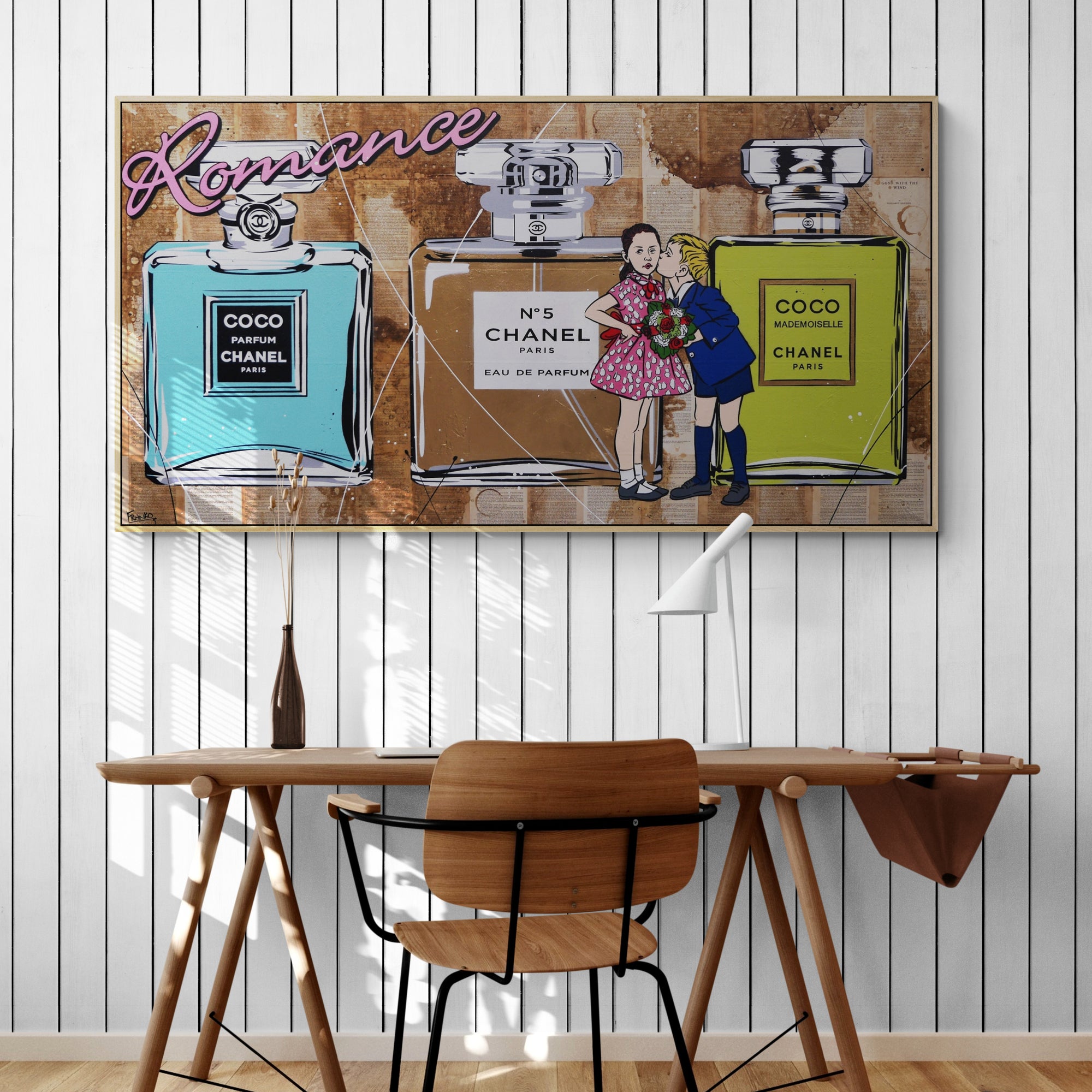 Le Kisses 190cm x 100cm Perfume Bottles Kissing Urban Pop Art Canvas Painting - Perfect for Book Club Decor, Living Room Wall Art & Modern Home Decor