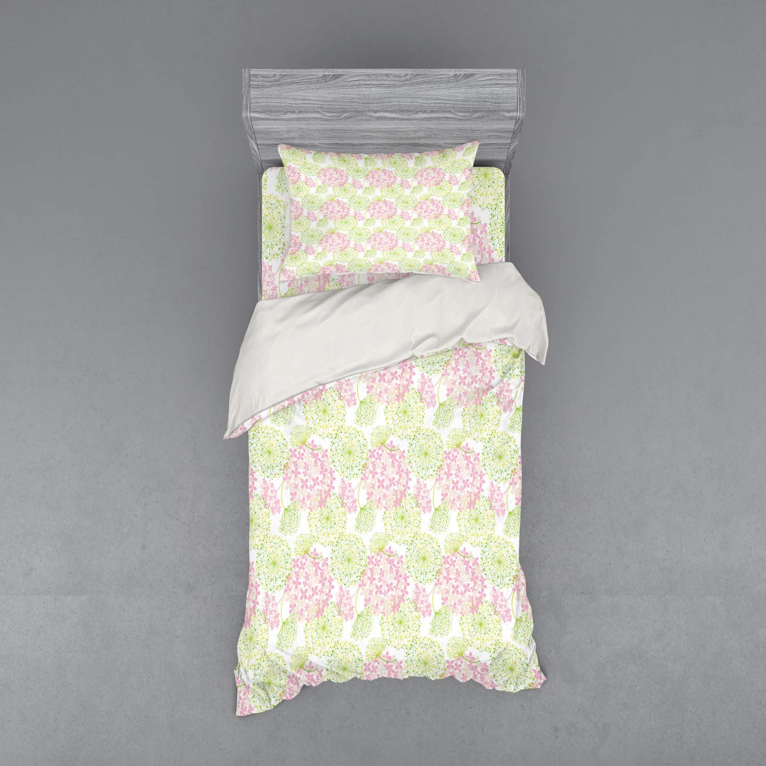 Ambesonne 3-Piece Duvet Cover Set - Twin Size Floral Botanical Bedding with Sham & Fitted Sheet | Dandelion Flower Pattern in Green, Pale Pink & White | Perfect for Spring Bedroom Decor & Guest Room Styling