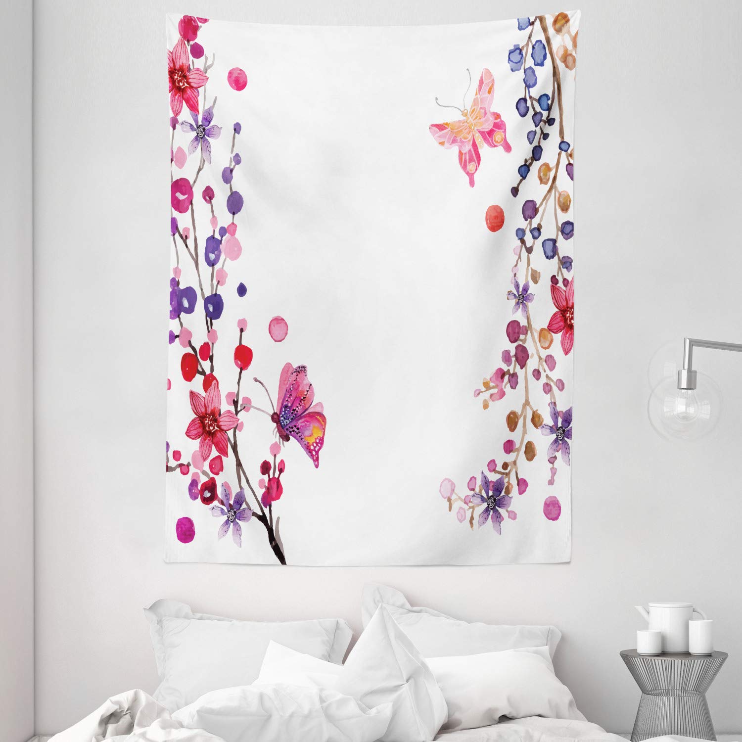 Ambesonne Butterfly Tapestry - Watercolor Floral Boho Wall Art with Spring Wings Design in Purple White & Pink | 60x80 Inch Wall Hanging for Bedroom, Living Room, Dorm Decor | Perfect for Bohemian Home Decor, Meditation Spaces & Gift Giving