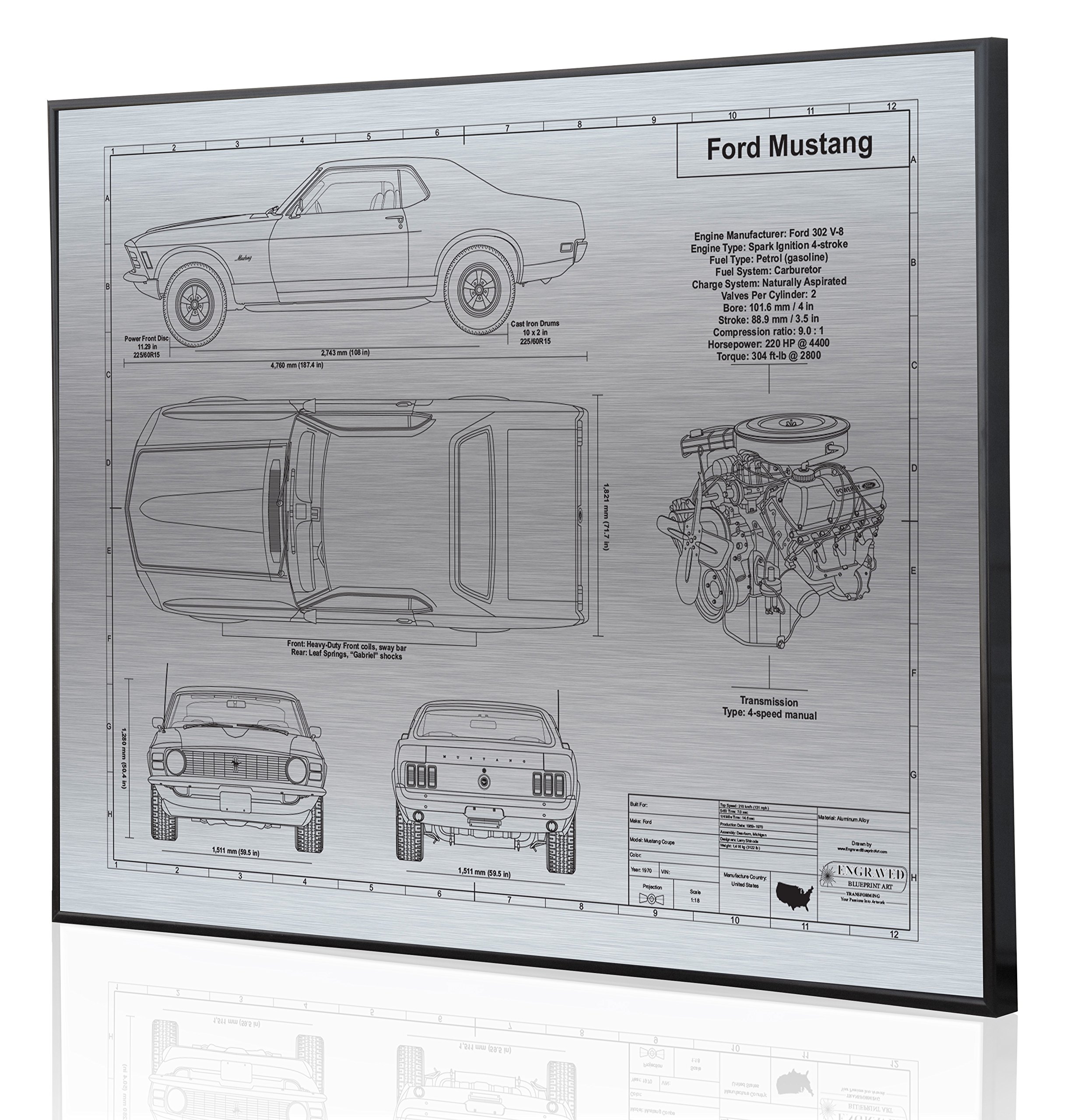 1970 Ford Mustang Blueprint Artwork - Laser Engraved & Personalized Gift for Ford Enthusiasts - Perfect for Home, Office Decor & Car Lover Presents