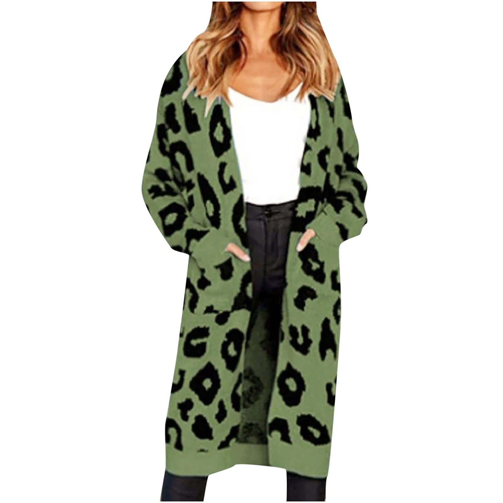 Women's Knitted Leopard Print Cardigan - Open Front Longline Coat Jacket for Fall & Spring | Casual Outfits, Office Wear & Layering Staple