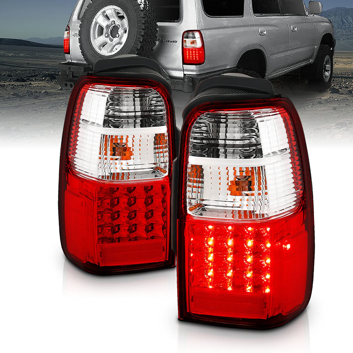 AmeriLite Red Clear LED Brake Tail Lights Replacement Set for 1996-2002 Toyota 4Runner - Left & Right Side - Enhanced Visibility & Safety for Night Driving & Off-Road Adventures