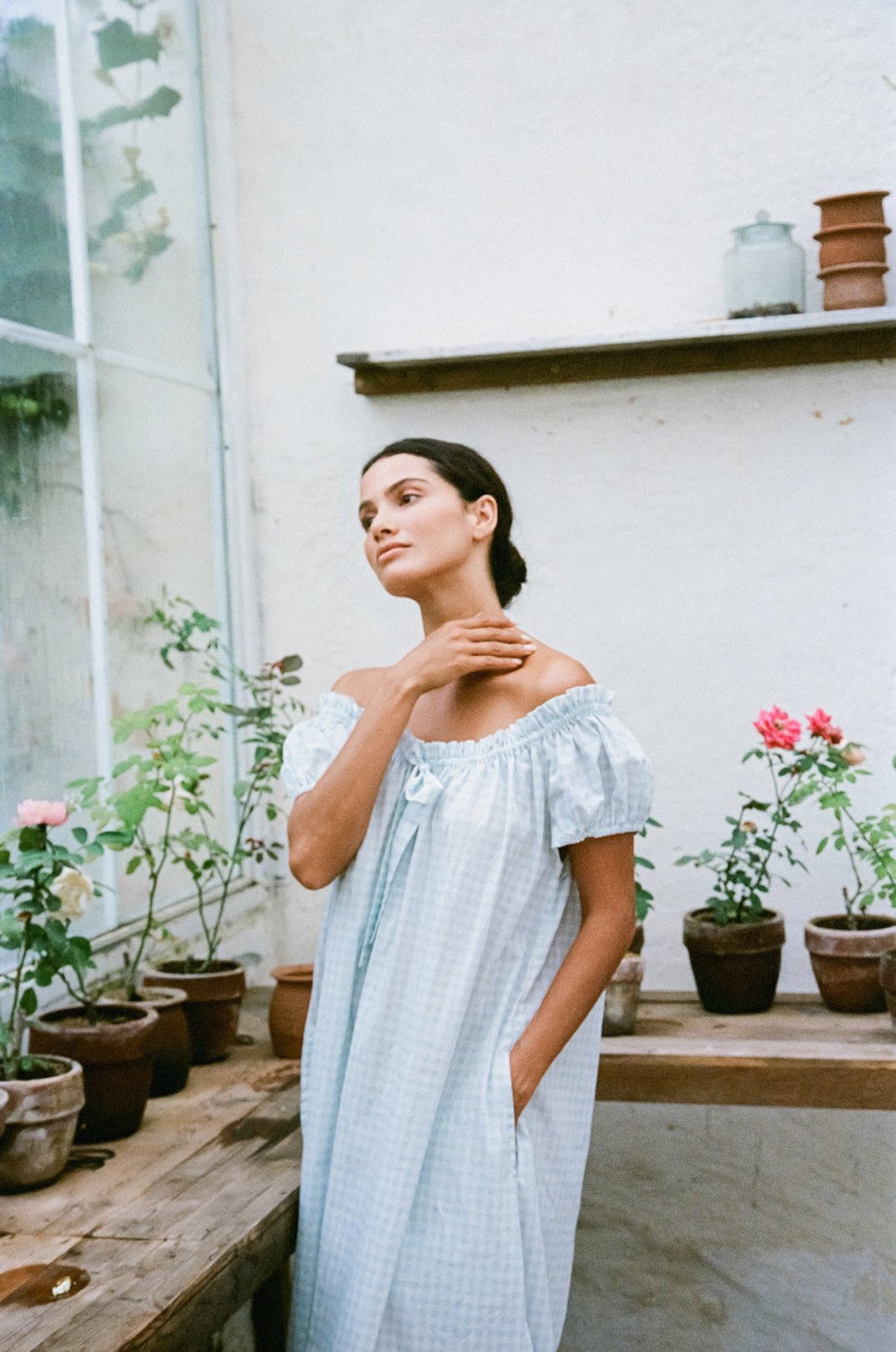 Lily Lounge Dress - Long Gingham Pale Blue Women's Casual Dress for Relaxing at Home, Summer Outings & Beach Cover-Up
