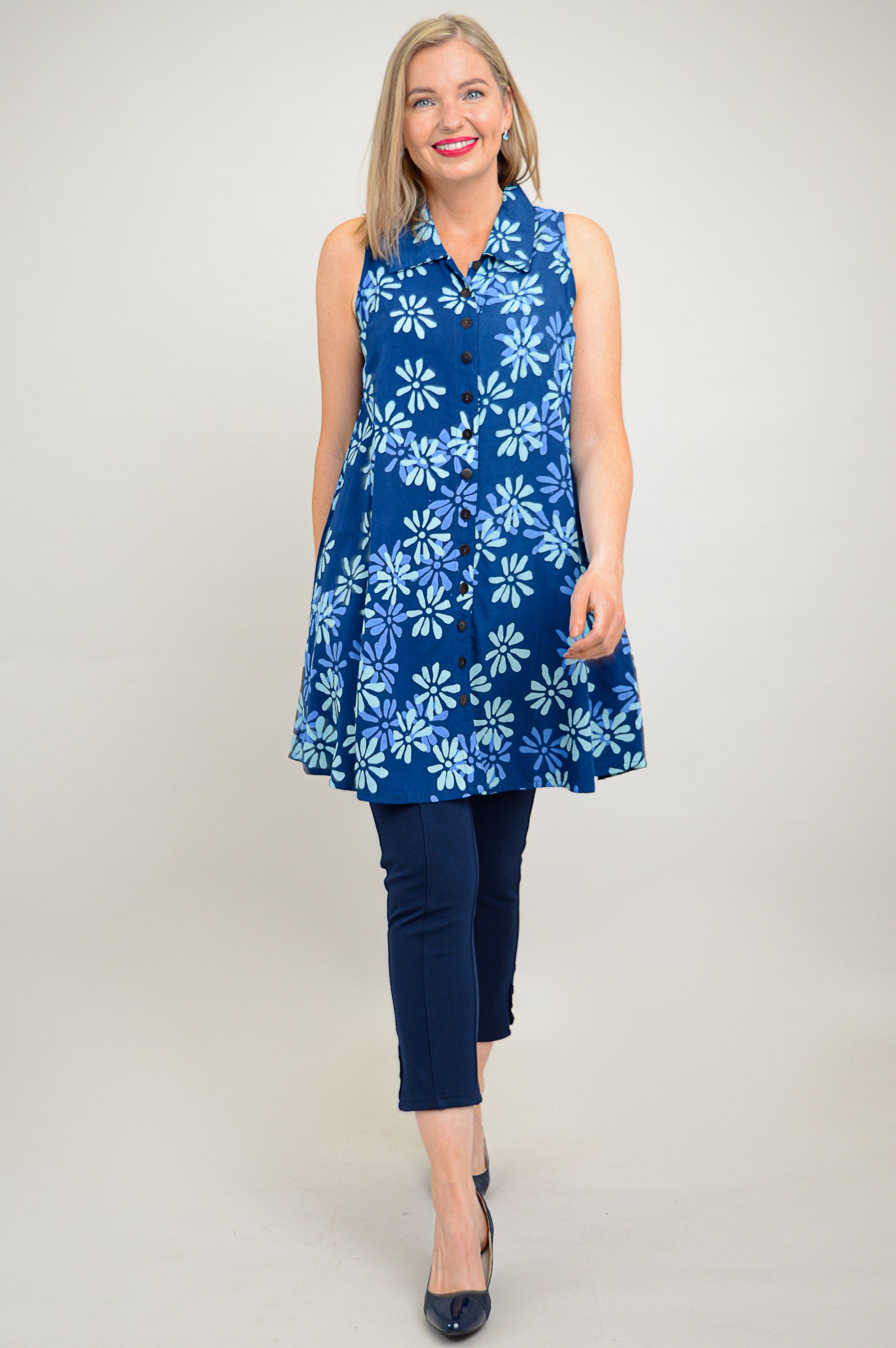 Cissy Tank Top for Women - Daisy Cobalt Blue Floral Print Summer Casual Shirt | Perfect for Beach Outings, Yoga, and Everyday Wear