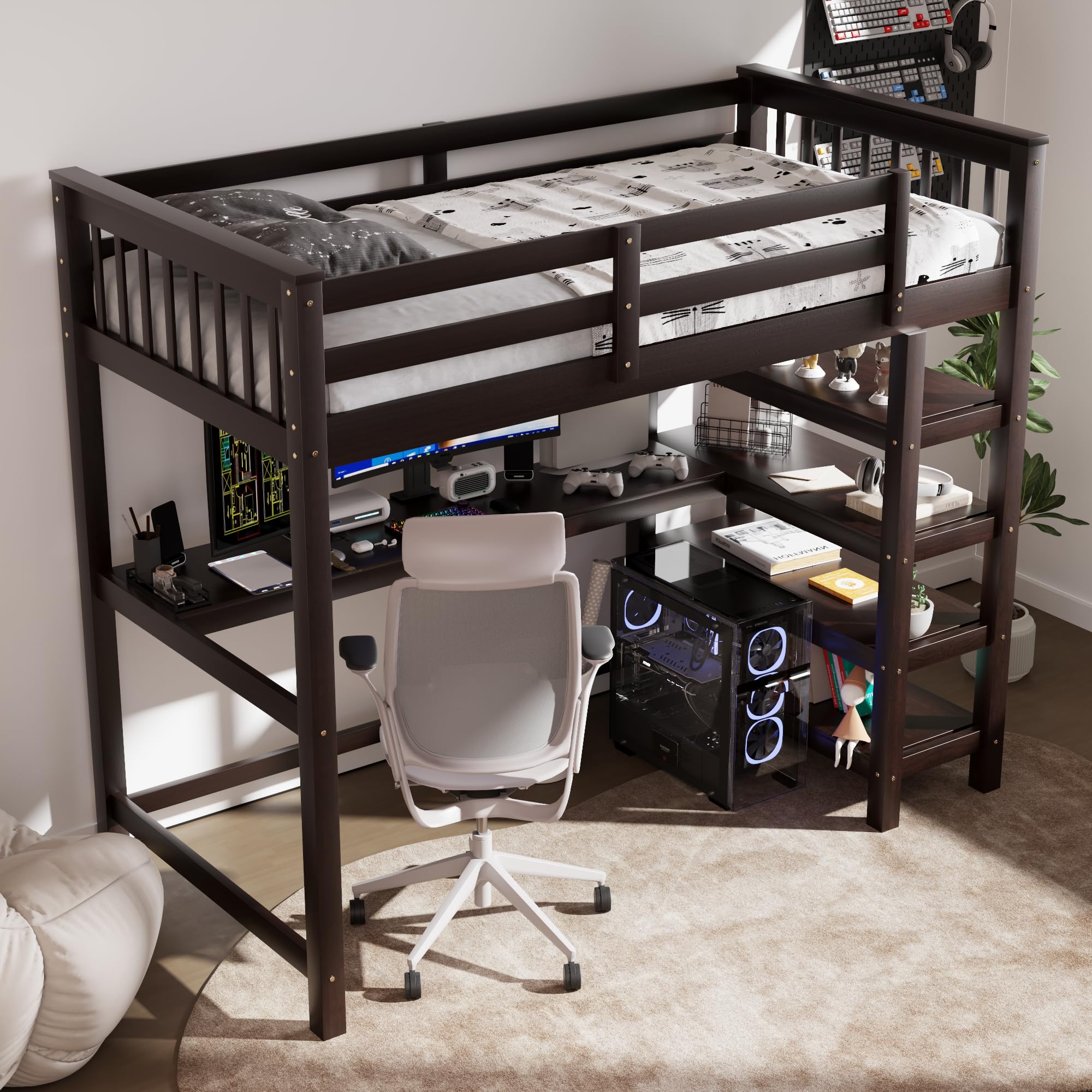 Merax Twin Size Wood Loft Bed with Desk & Shelves - Space-Saving Study Bed with Storage & Under-Bed Workspace in Espresso Finish - Perfect for Small Bedrooms, Dorm Rooms & Kids' Rooms