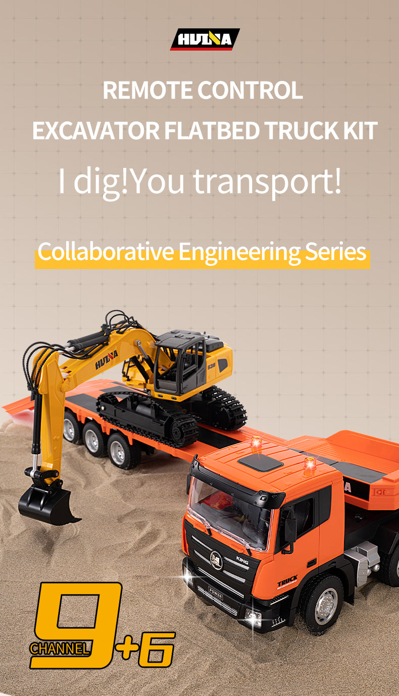 1:18 Huina 2.4G 1319 RC Tractor Truck with Remote Control - RTR Excavator & Flatbed Trailer - Ready to Play - Perfect for Construction Play, Kids Gifts & RC Hobbyists
