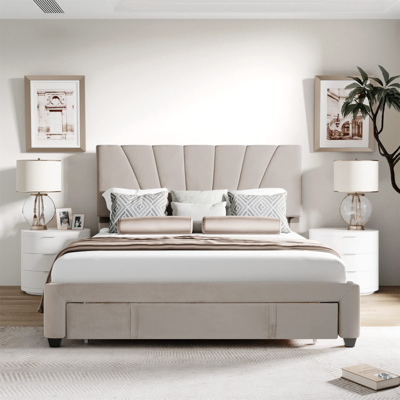 TRIPLE TREE Queen Size Storage Bed Frame - Modern Velvet Upholstered Platform Bed with Adjustable Headboard & Large Drawers | Sturdy Wood Slat Support | No Box Spring Required | Beige Luxury Bedroom Furniture | Perfect for Small Spaces & Master Bedrooms