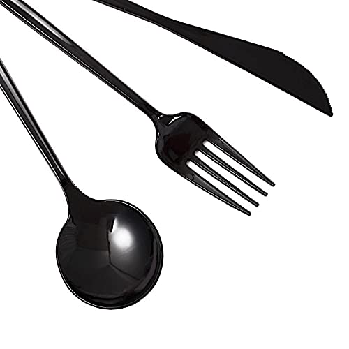 Premium Plastic Cutlery Set - 24pcs Black BalsaCircle Forks Spoons Knives for Wedding Party & Home Decor