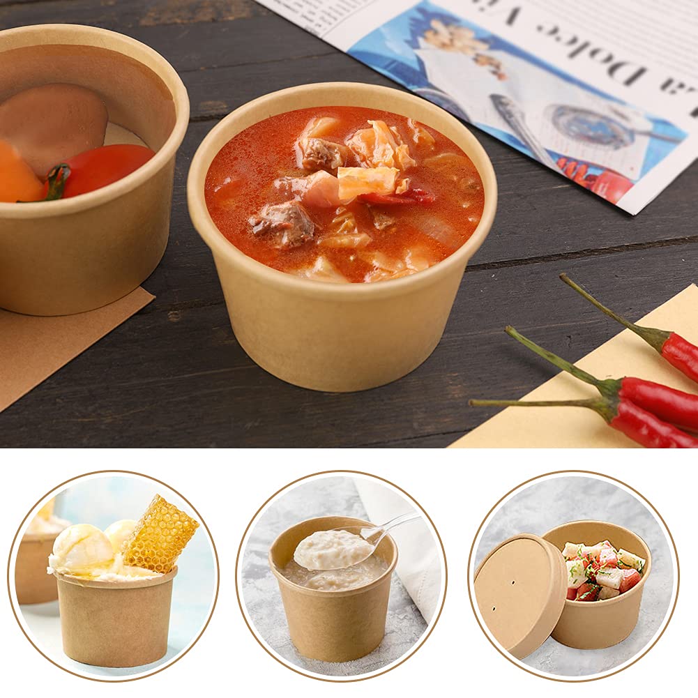 50 Pack 8 oz Disposable Paper Soup Cups with Lids - Eco-Friendly Ice Cream Containers, To-Go Food Bowls for Soup, Frozen Yogurt, Desserts - Perfect for Parties, Picnics & Takeout Meals