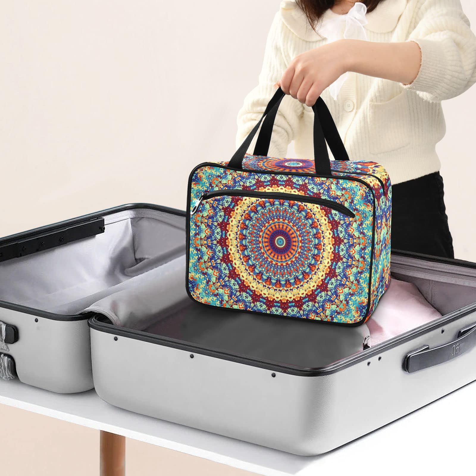 Stylish Mandala Travel Toiletry Bag for Women - Large Hanging Cosmetic Organizer with Hook | Perfect for Vacations, Gym & Weekend Getaways