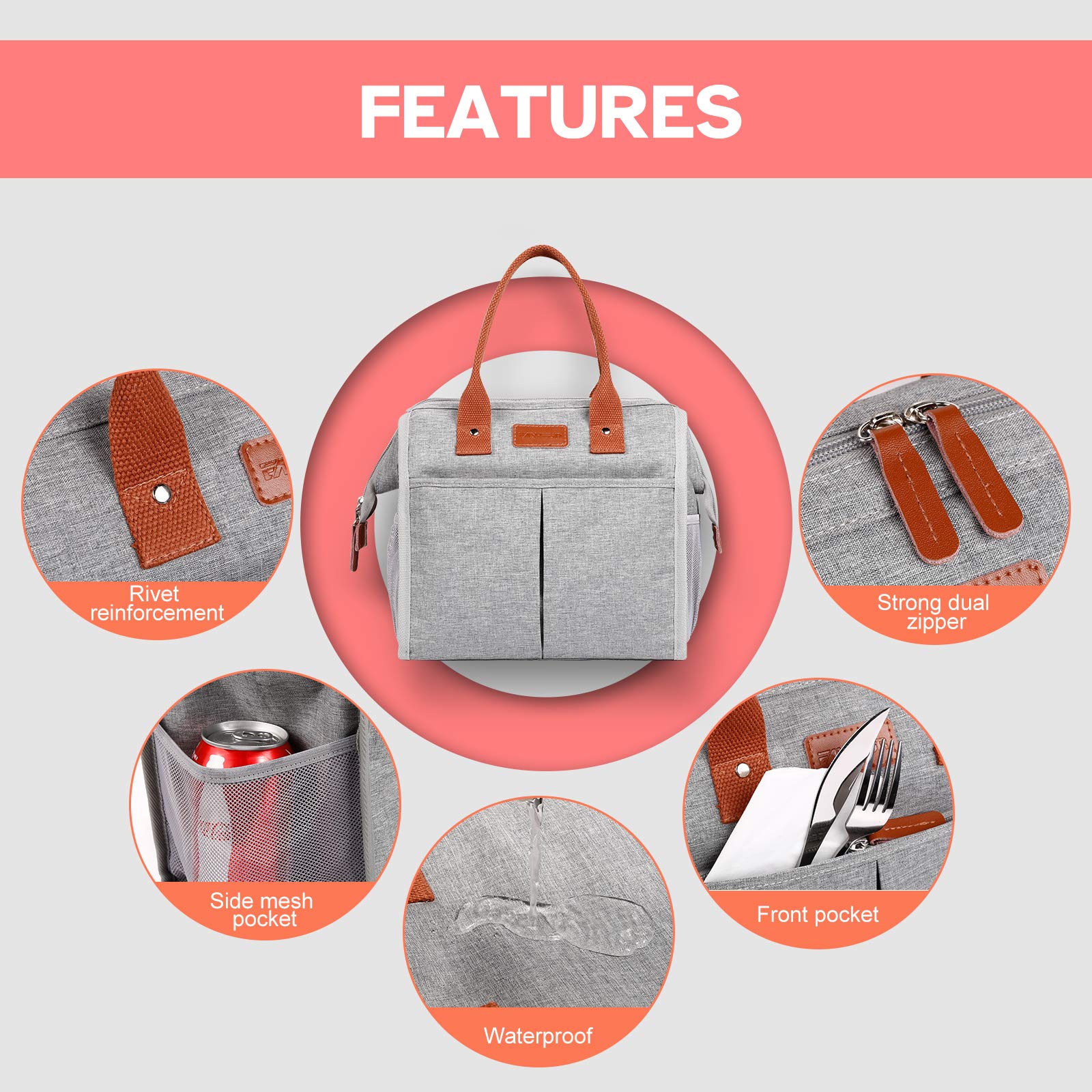 Insulated Lunch Box Cooler Tote Bag for Women & Men - Leakproof Reusable Lunch Bag for Work, Office, Travel & Picnic - Grey Water Resistant Lunch Tote for Adults (Perfect for Meal Prep & Outdoor Activities)