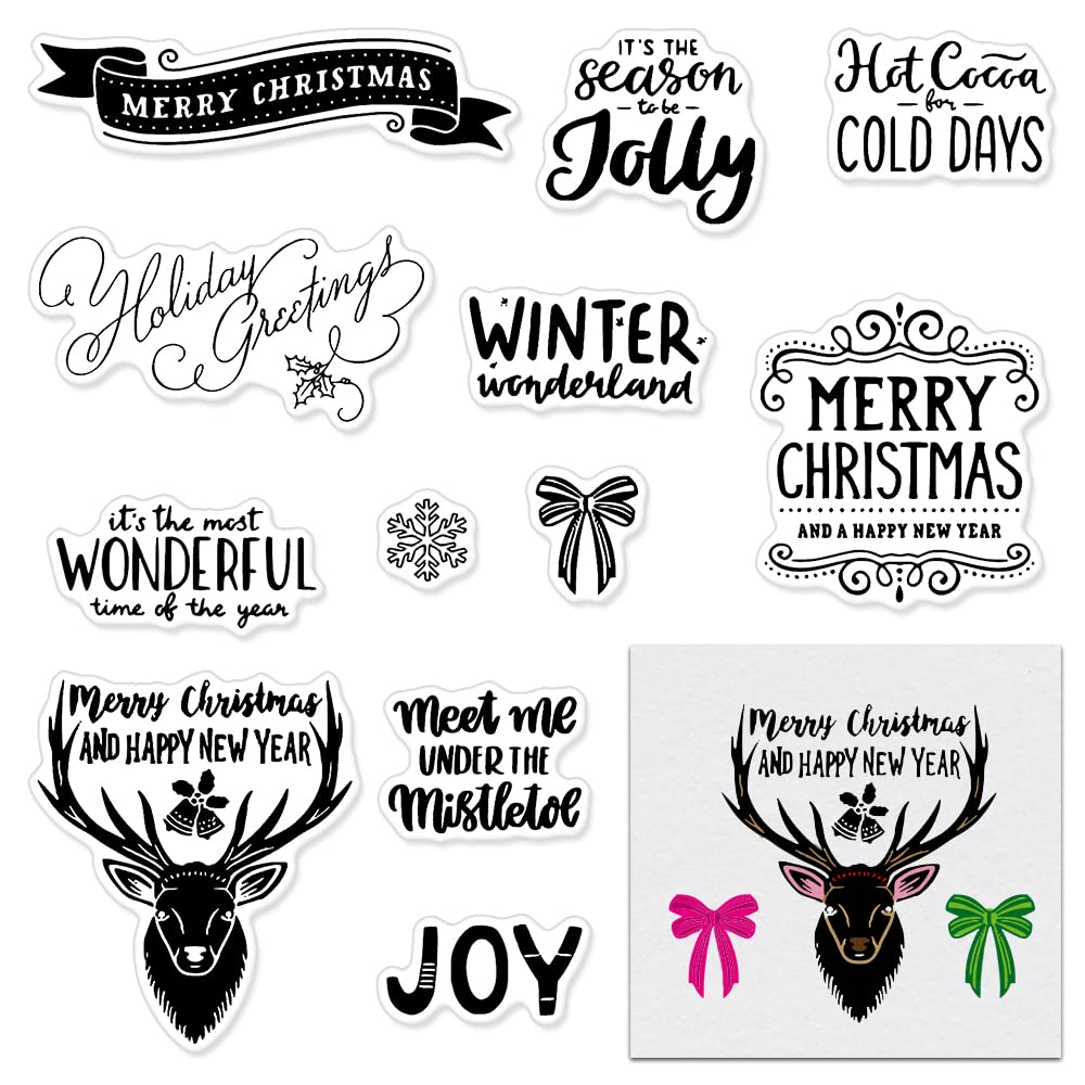 Christmas & New Year Clear Rubber Stamps Set - Elk, Snowflake, Bell, Bow & Deer Designs for Card Making, DIY Scrapbooking & Holiday Decorations - Perfect for Handmade Greeting Cards, Gift Tags & Winter Craft Projects