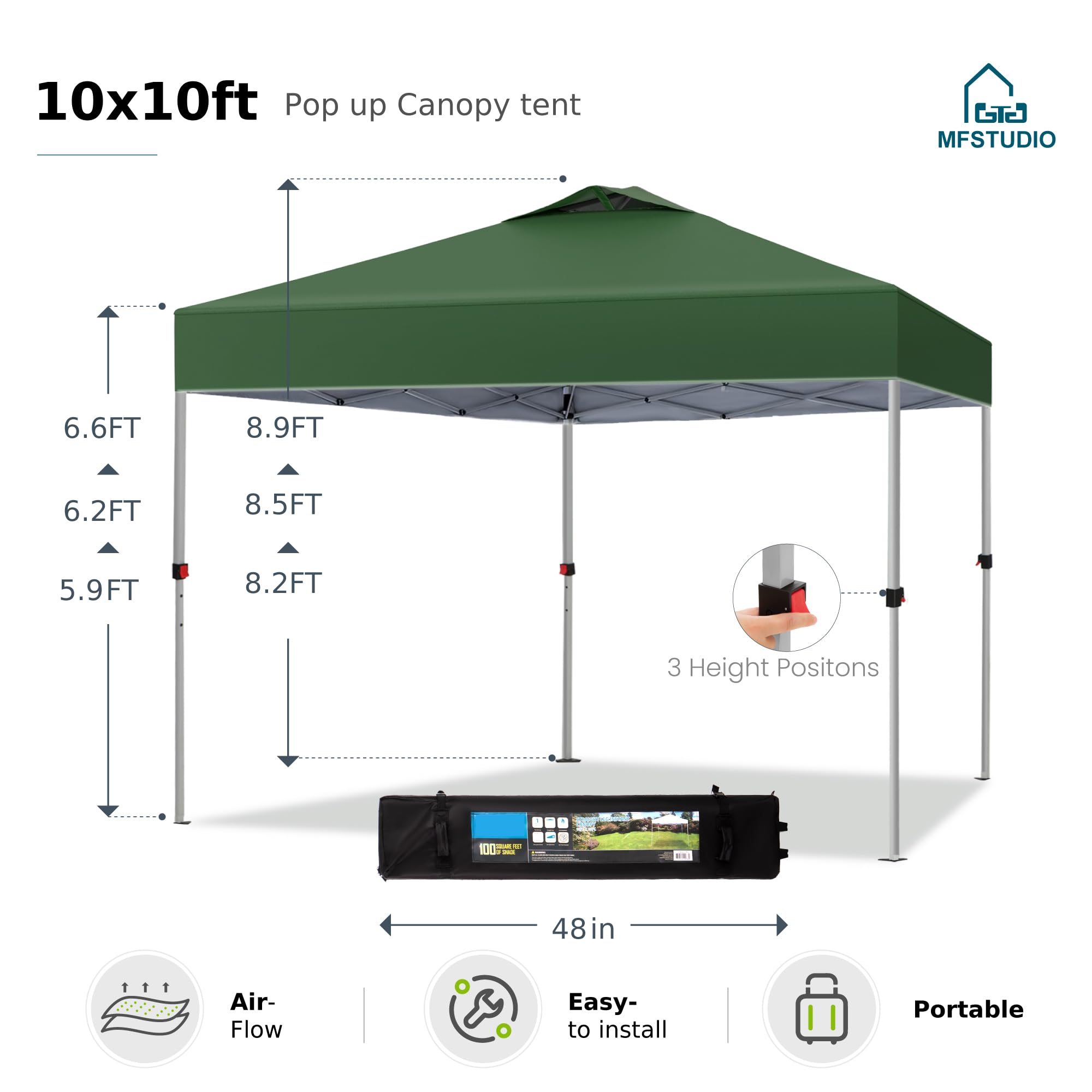 MFSTUDIO 10x10 Pop Up Canopy Tent - Waterproof Gazebo Shelter with Sun Shade, Portable Outdoor Screen Tent for Beach, Backyard, Camping, Parties & Picnics - Green
