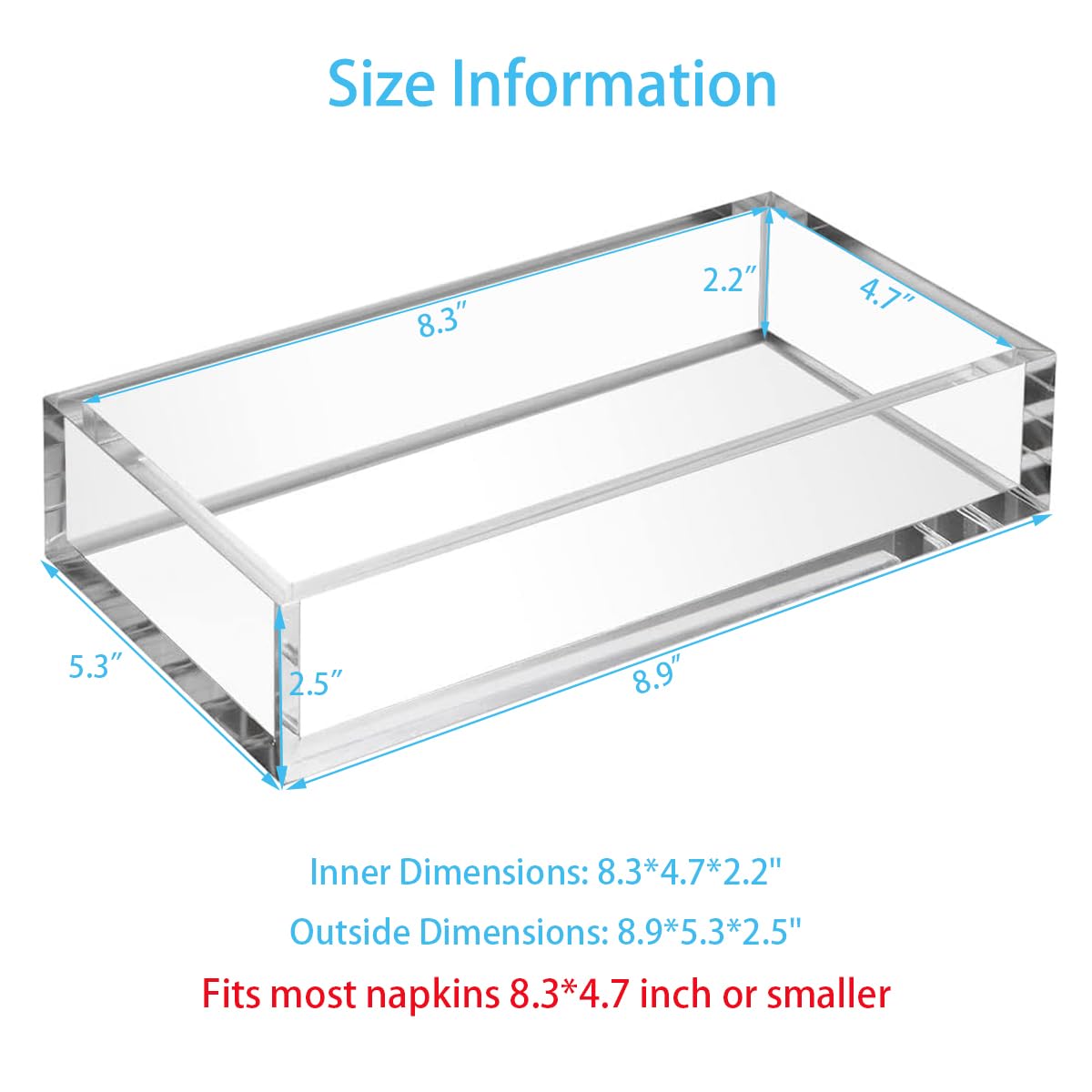 HIIMIEI 8mm Thick Clear Acrylic Napkin Holder Tray - 8.5x4 Inches Guest Towel Organizer for Kitchen, Restaurant, Office & Party - Premium Cocktail Napkin Dispenser for Bathroom, Commercial Use & Home Decor