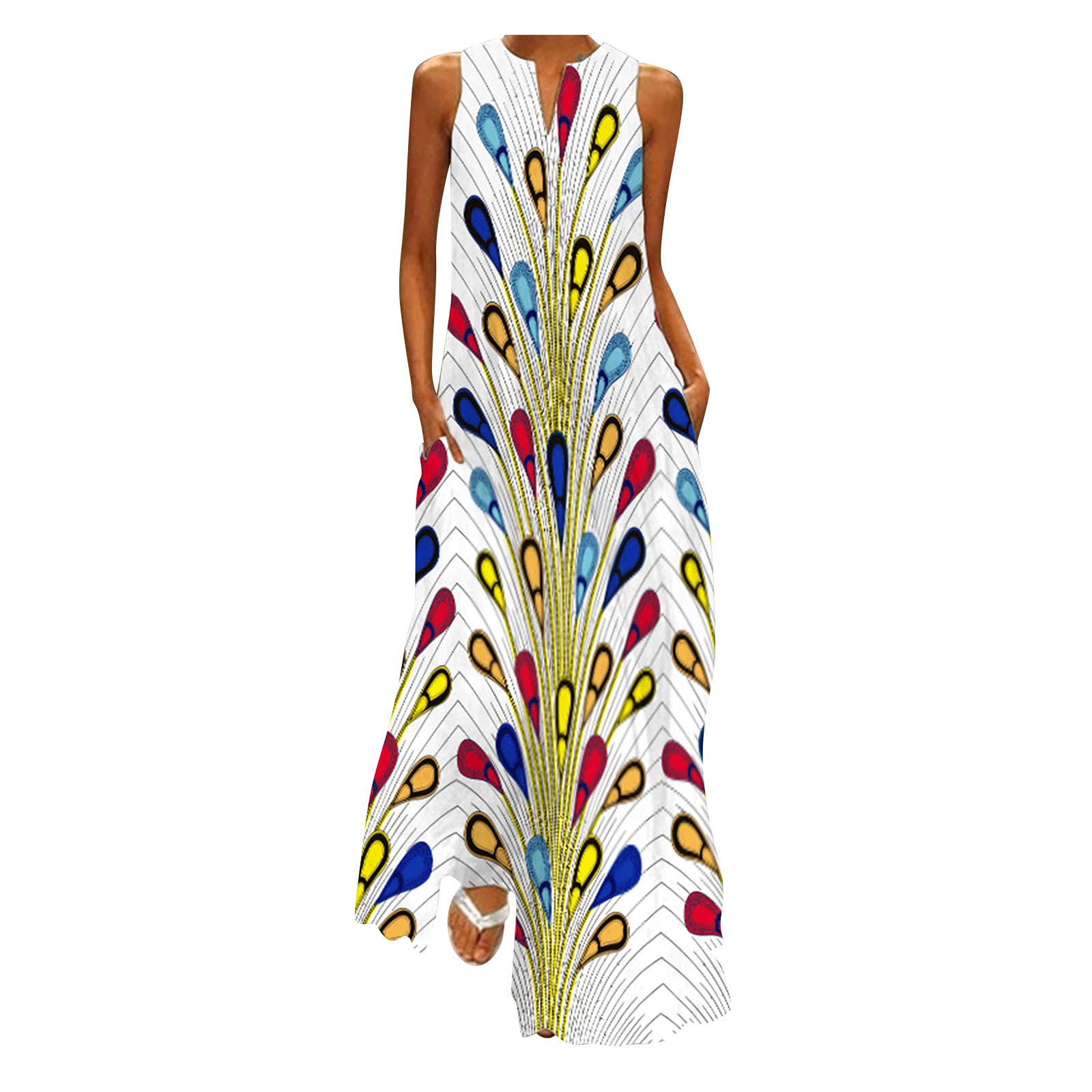 Women's Plus Size V-Neck Sleeveless Summer Maxi Dress - Flowy Cami Party Dress with Print Design | Perfect for Beach Vacations, Weddings & Casual Outings