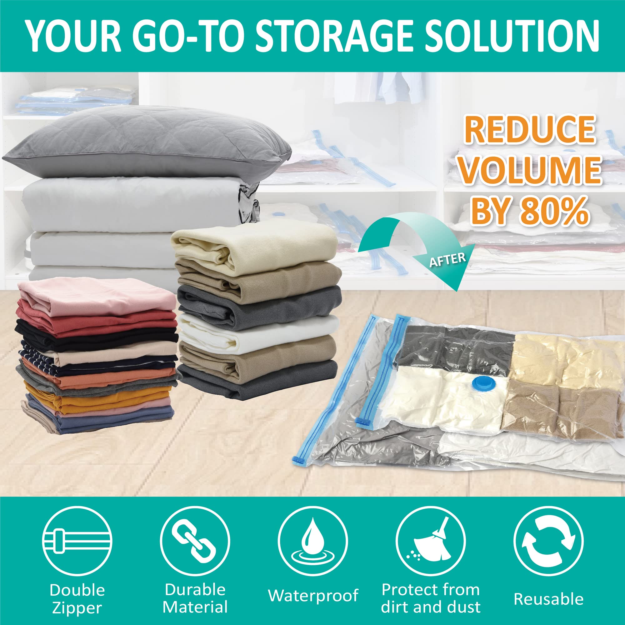 16 Pack Vacuum Storage Bags - Space Saver Compression Bags (2 Jumbo/2 Large/3 Medium/3 Small/6 Roll) for Clothes, Comforters & Blankets | Includes Hand Pump | Perfect for Seasonal Storage, Travel & Home Organization